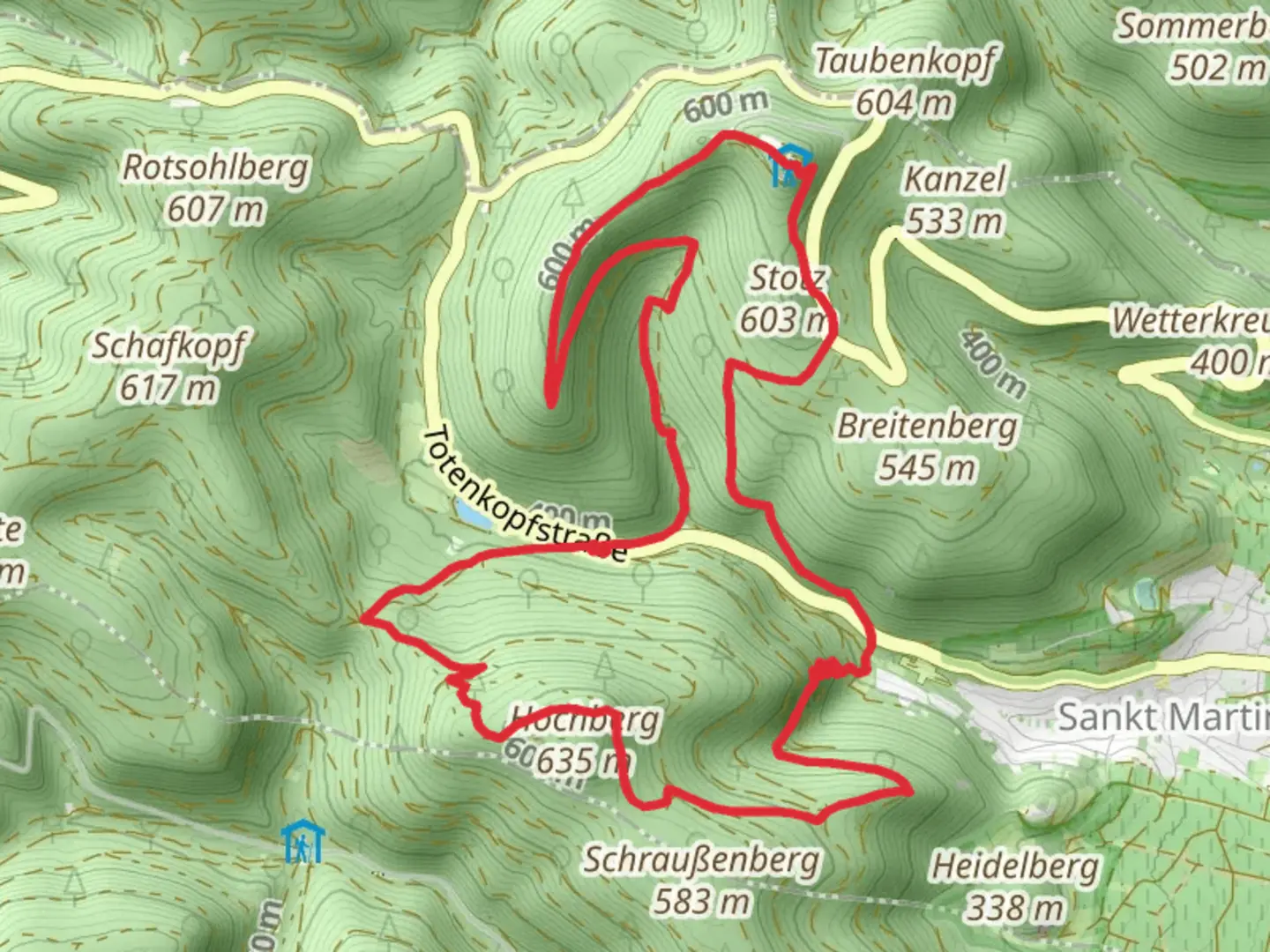 An image depicting the trail Kalmit via Hochberg Rundweg and Pfaelzer Weinsteig and its surrounding area.