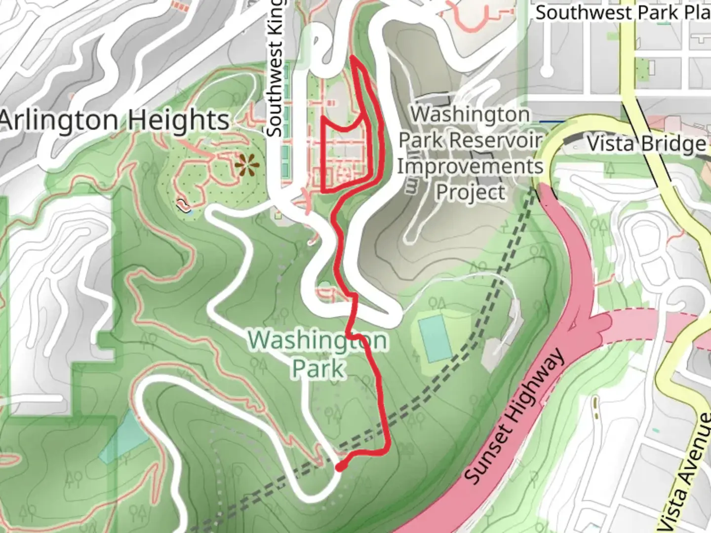 An image depicting the trail International Rose Test via Mac Trail and its surrounding area.