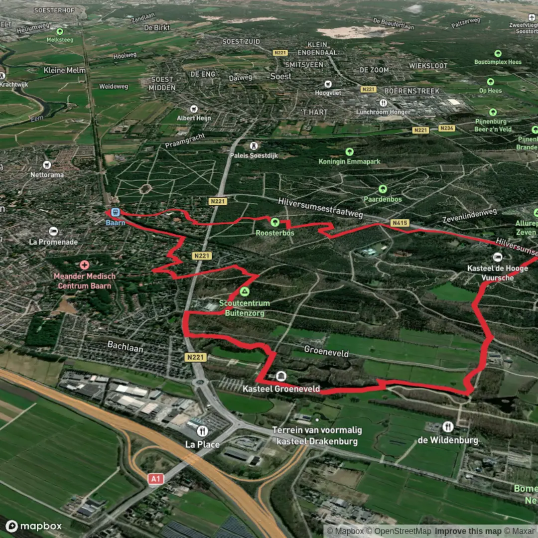 An image depicting the trail Kasteel Groeneveld, Kasteel De Hooge Vuursche and Roosterbosch Loop and its surrounding area.
