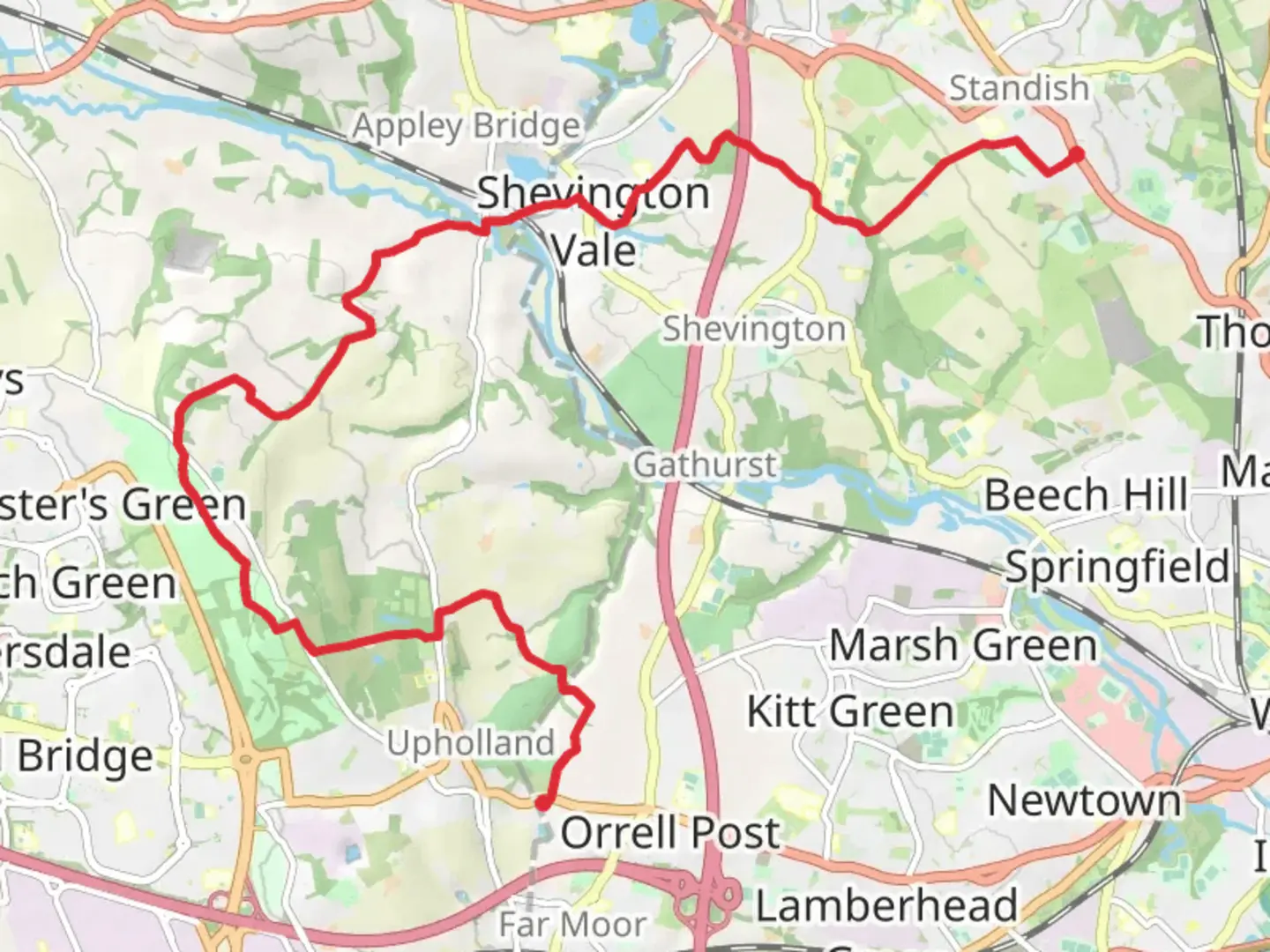 An image depicting the trail Orrell to Standish Walk and its surrounding area.