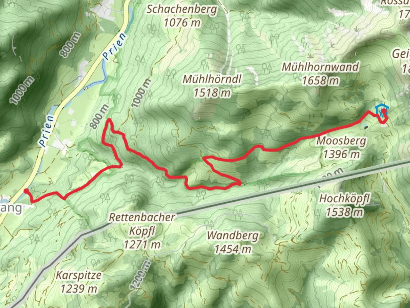 An image depicting the trail Sachrang to Priener Huette Via Alpina Purple and its surrounding area.