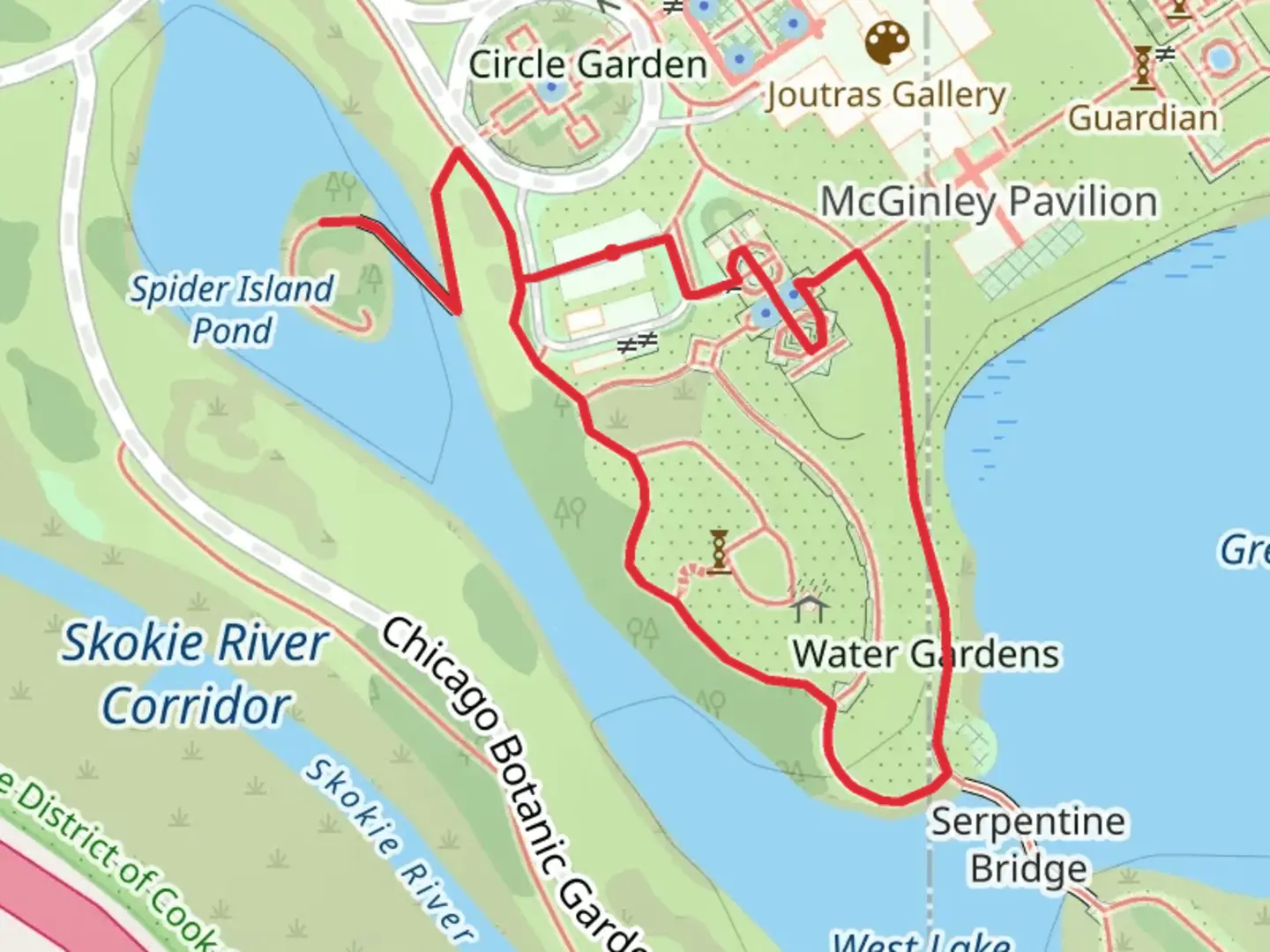 An image depicting the trail Sensory and Water Garden Loop and its surrounding area.