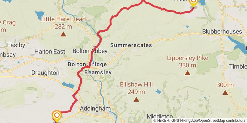 Menston to Rocking Hall Loop via River Wharf and River Washburn stage 2 Map