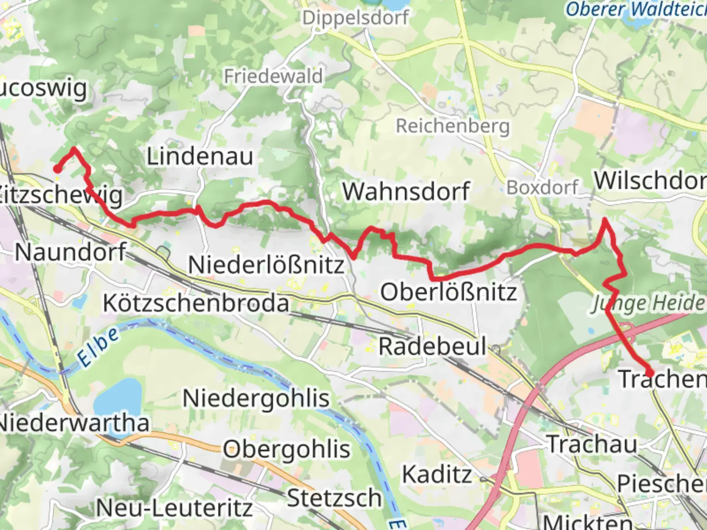An image depicting the trail Trachau to Zitzschewig Walk and its surrounding area.