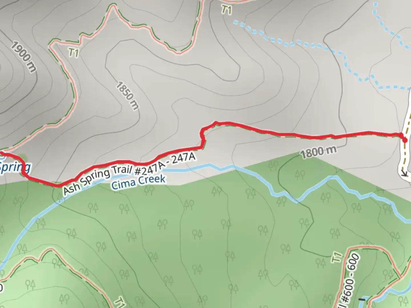 An image depicting the trail Ash Spring Trail and its surrounding area.