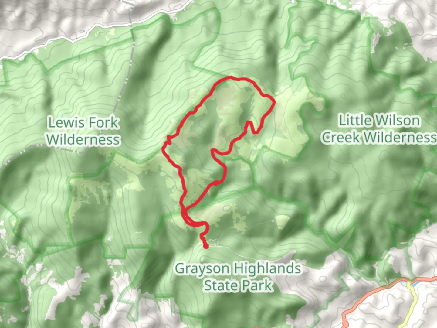 An image depicting the trail Rhododendron Trail and Virginia Highlands Horse Loop Trail and its surrounding area.