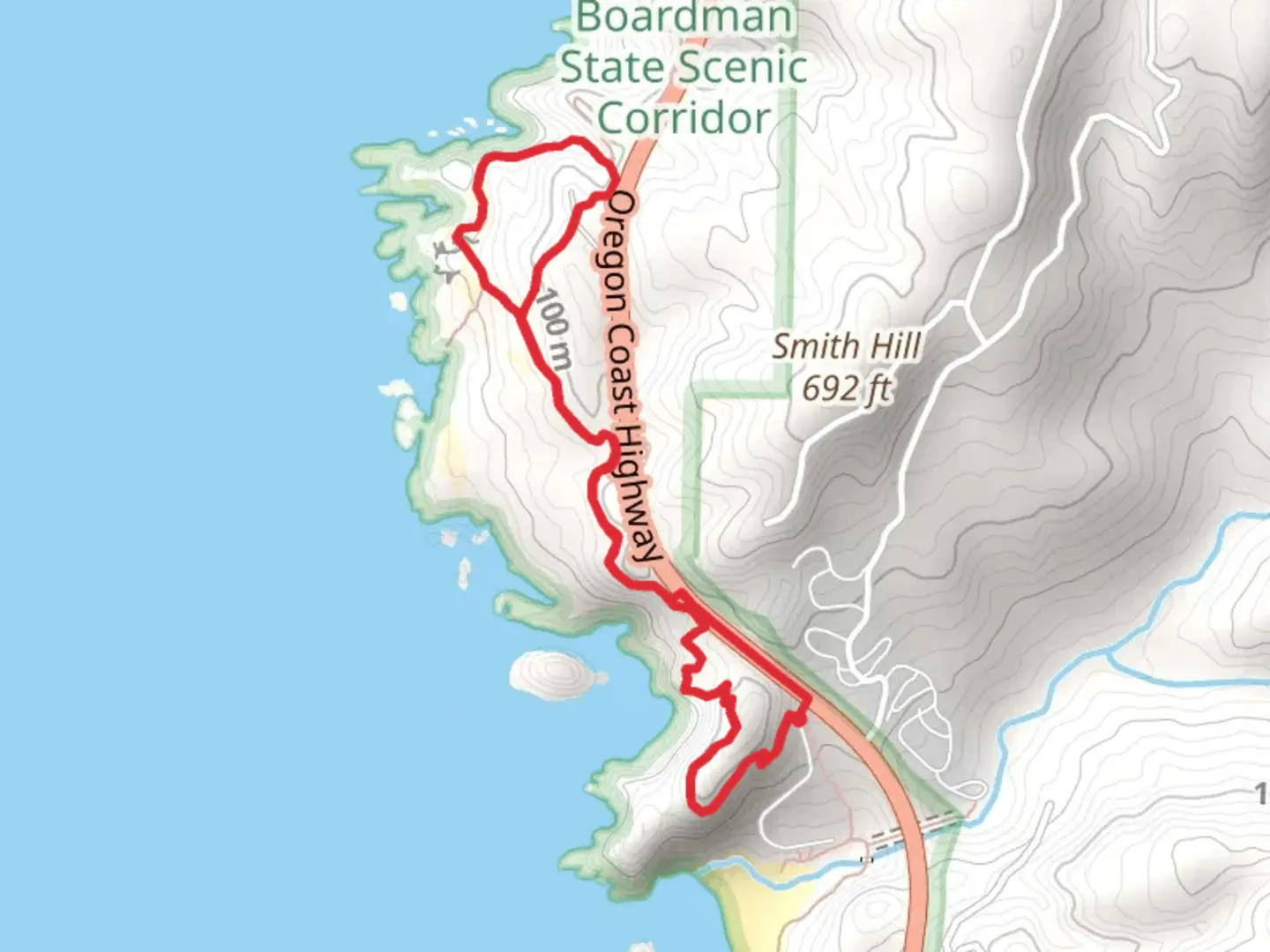 An image depicting the trail Oregon Coast Trail and Indian Sands Trail Loop and its surrounding area.