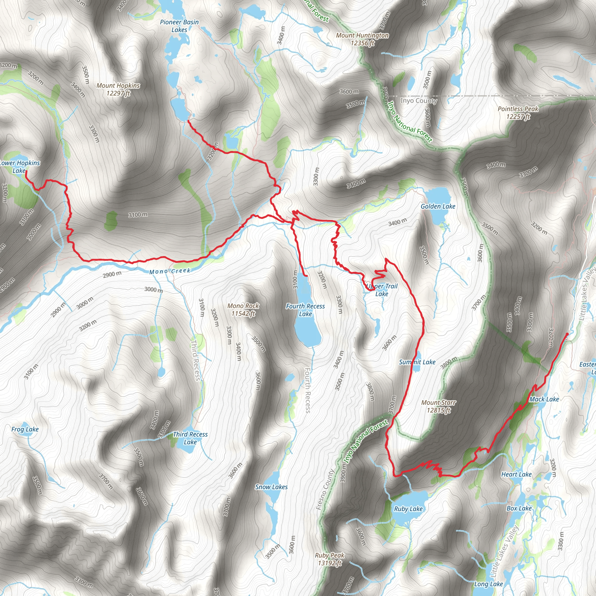 Lower Hopkins Lake, Pioneer Basin Lakes and Fourth Recess Lake via Ruby Lake Trail mobile static map