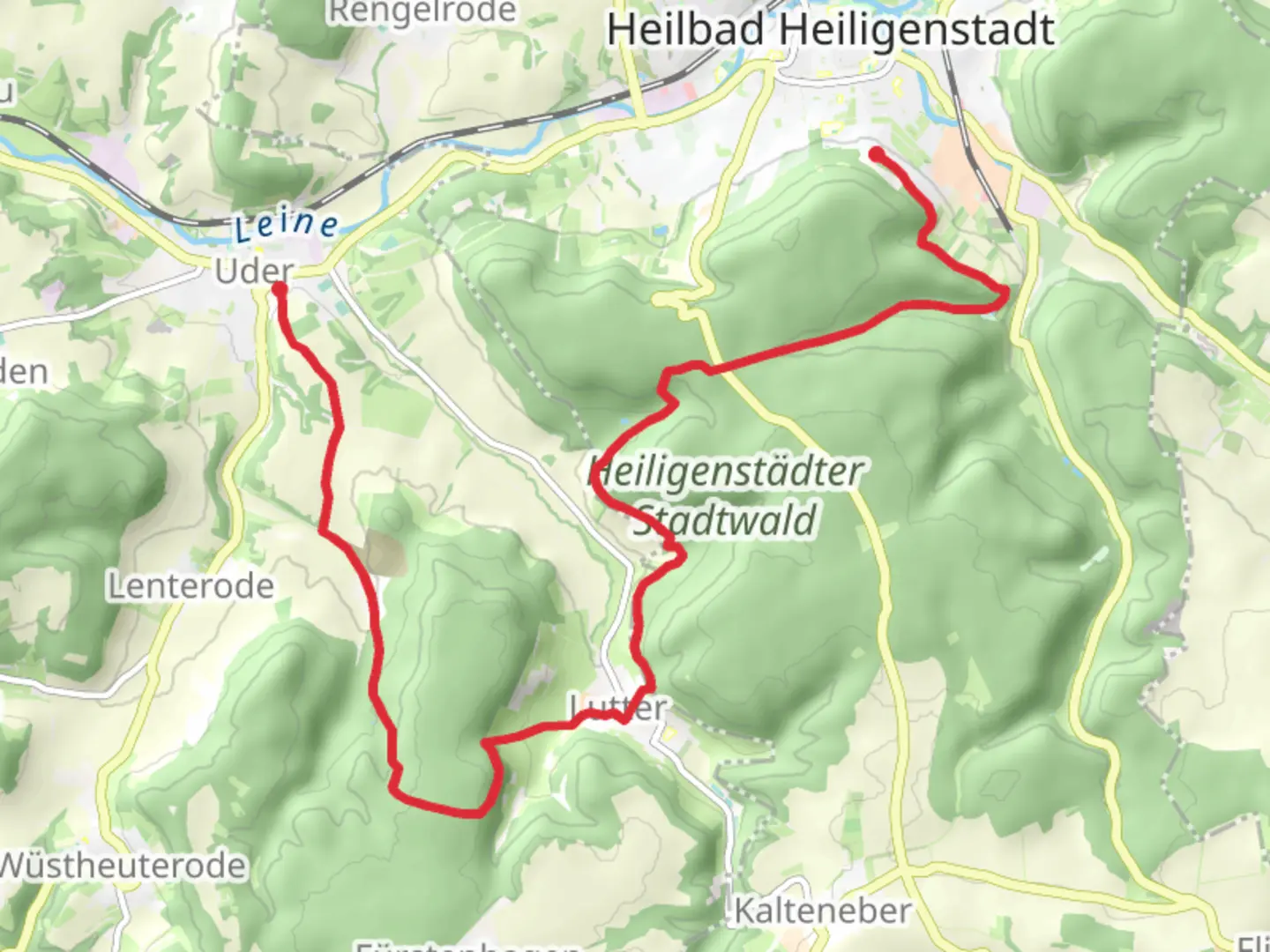 An image depicting the trail Iberhaus to Uder via Eibenweg and Erlebnis Iberg and its surrounding area.