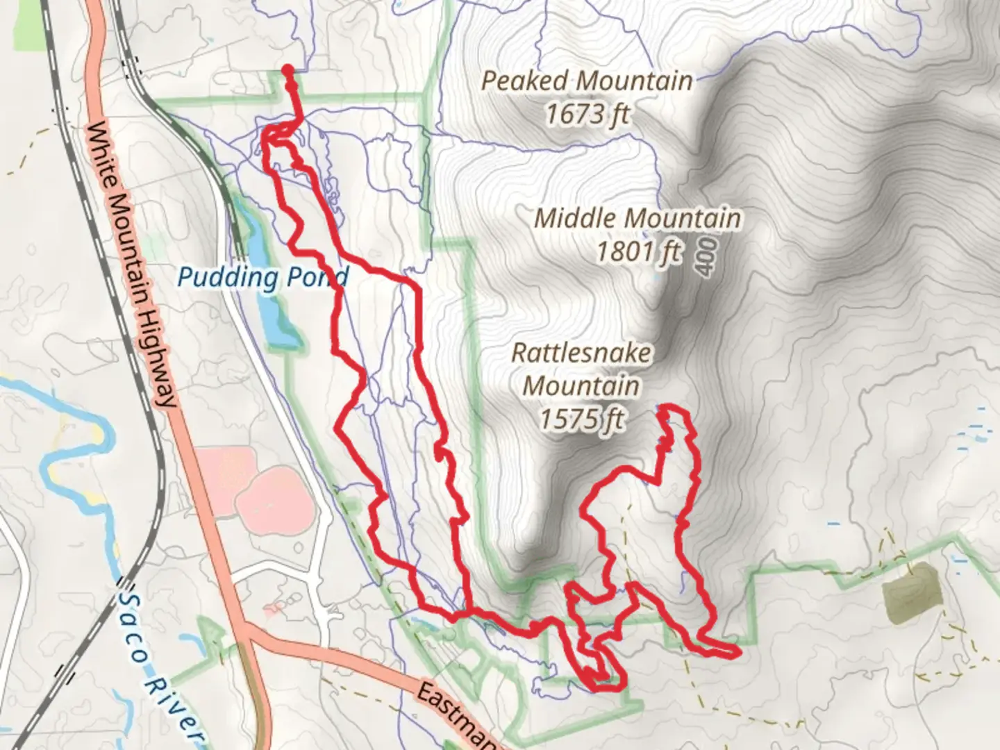 An image depicting the trail Pudding Pond via Pillar to Pond and its surrounding area.