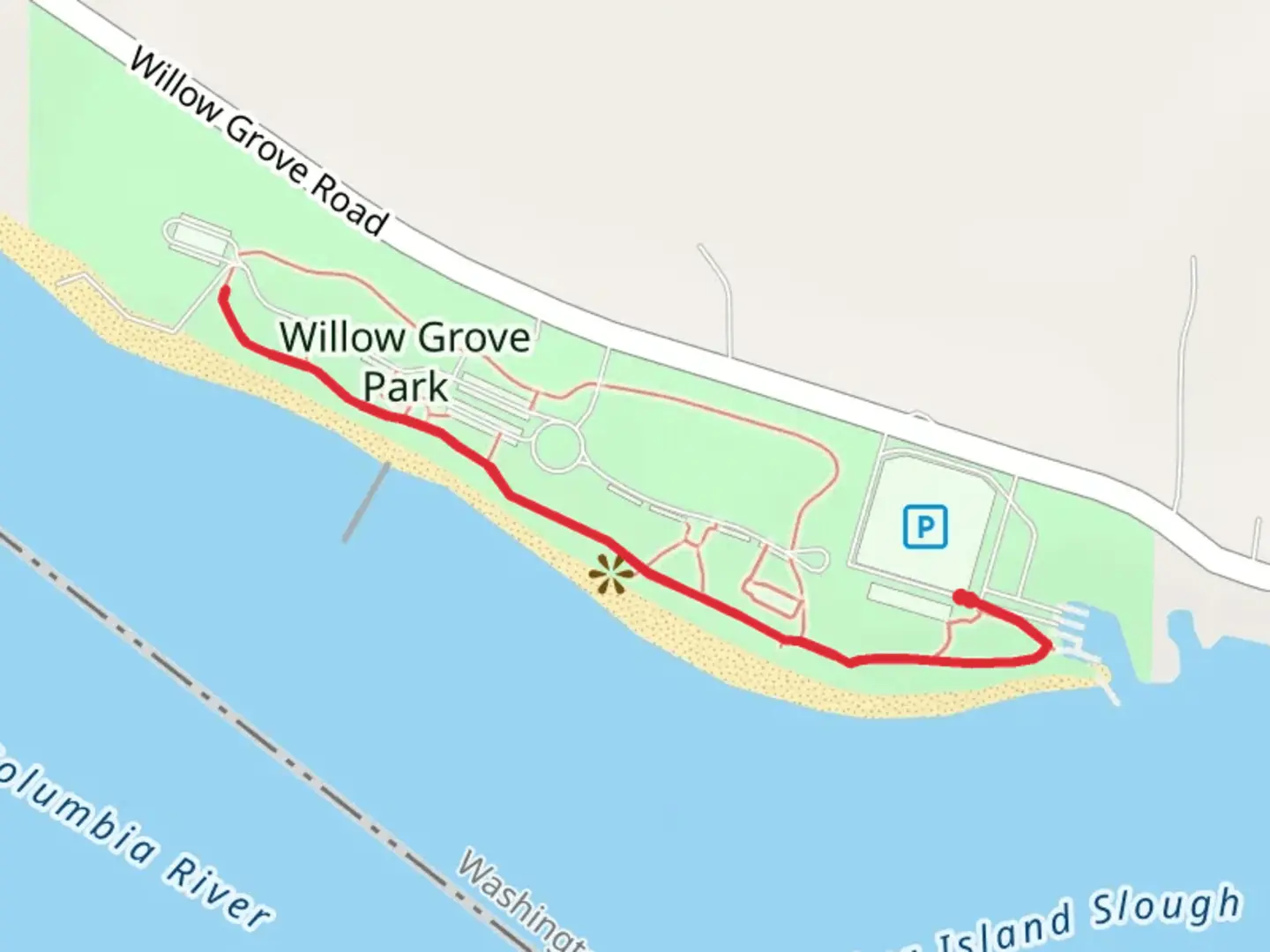 An image depicting the trail Willow Grove Out and Back and its surrounding area.