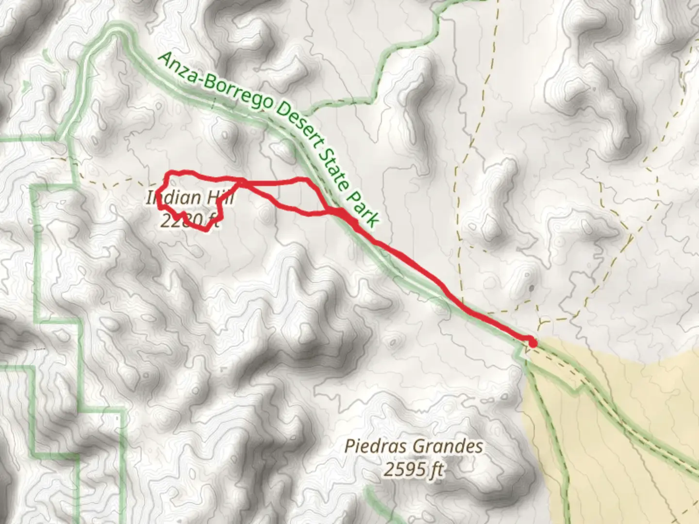 An image depicting the trail Indian Hill Loop via Dos Cabezas Siding and its surrounding area.