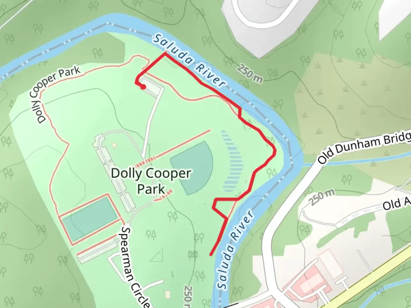 An image depicting the trail Saluda River Shore Walk - Dolly Cooper Park and its surrounding area.
