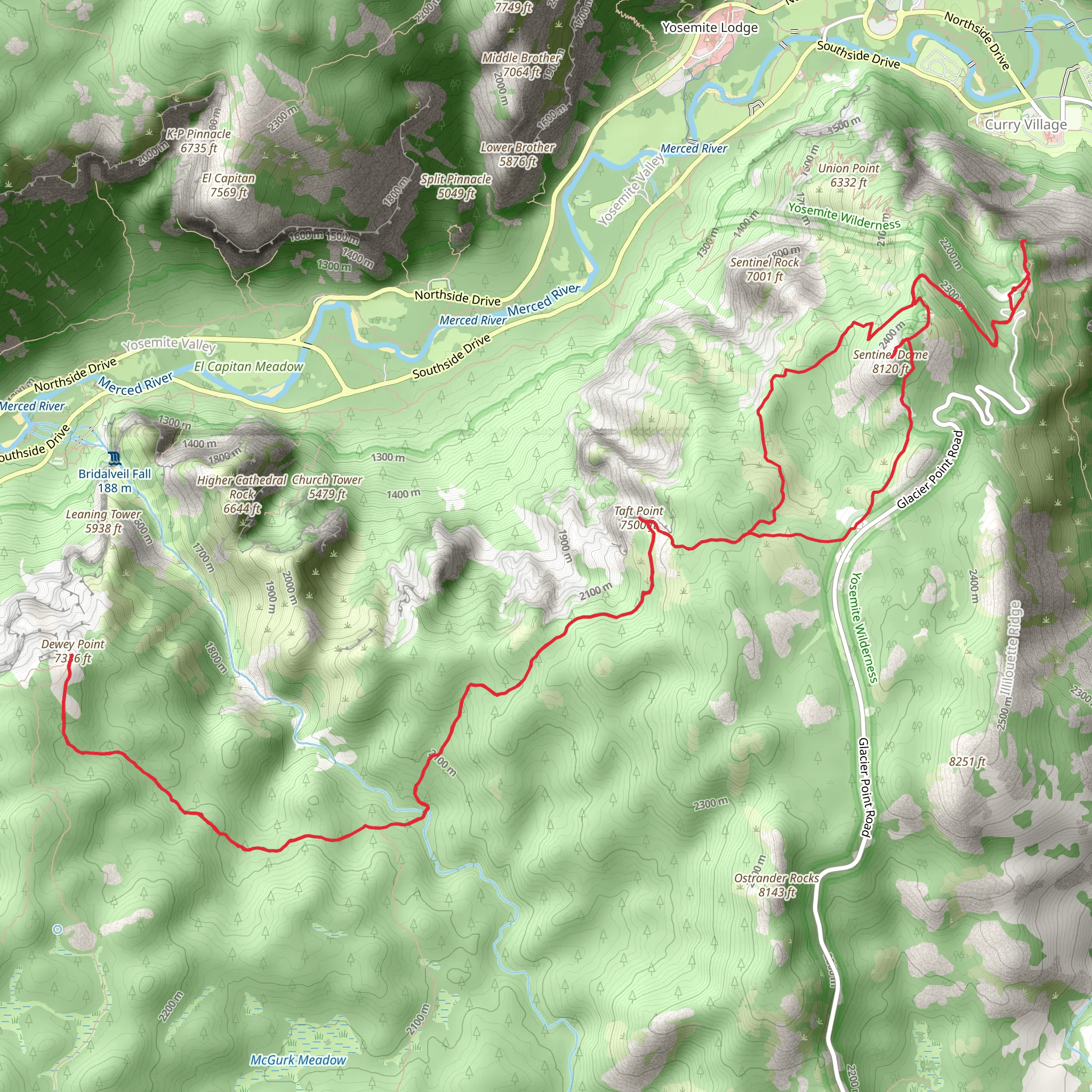 Taft Point, Dewey Point and Sentinel Dome via Pohono Trail mobile static map