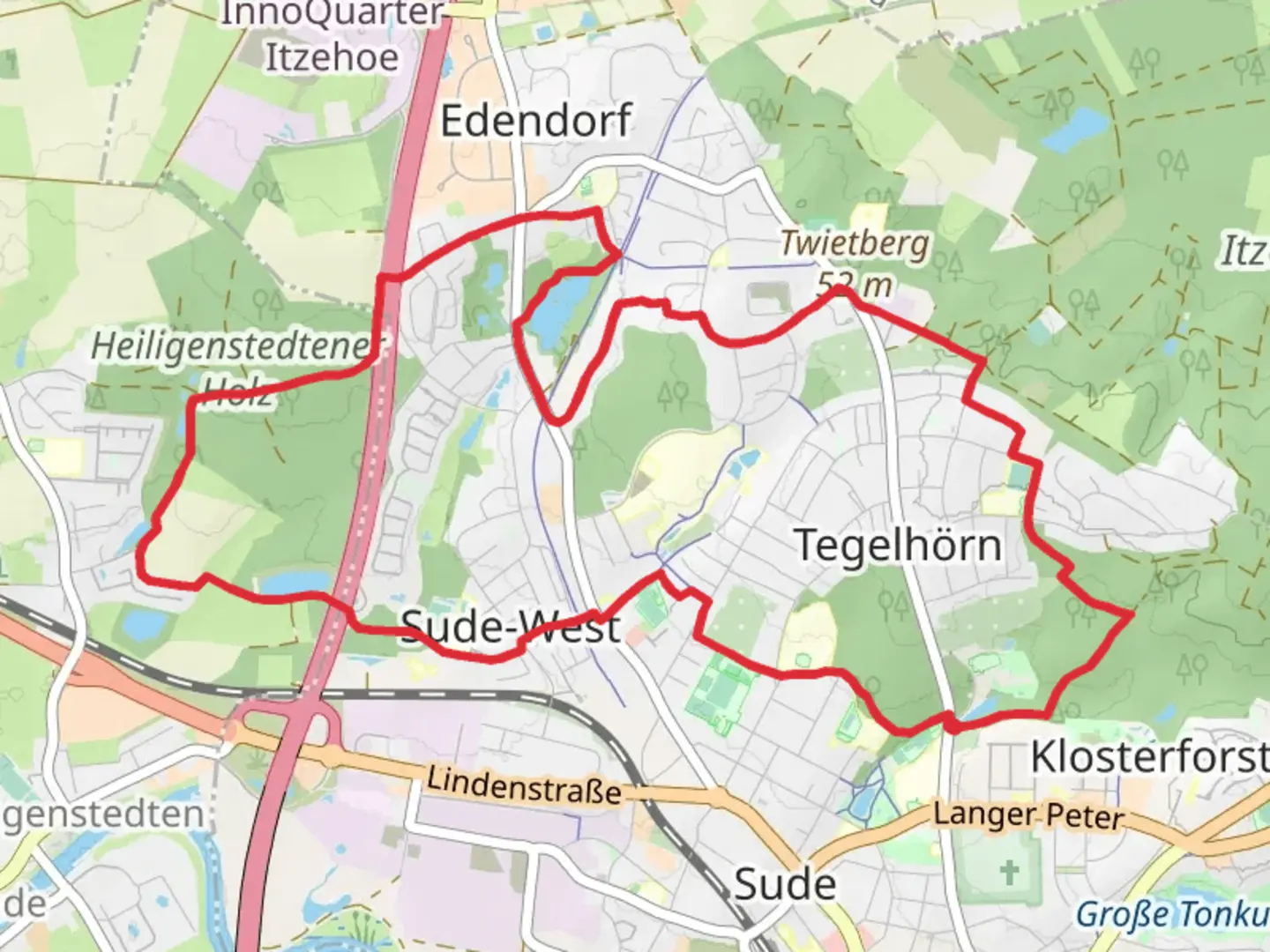 An image depicting the trail Tegelhorn Loop via Kloster Brunnen and Edendorfer Tonkuhle and its surrounding area.