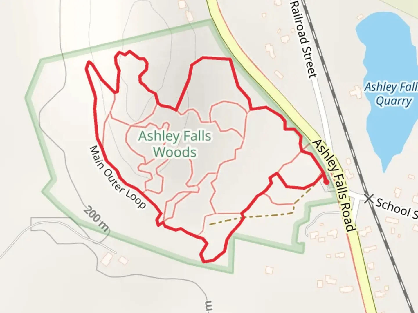 An image depicting the trail Main Outer Loop Trail via Ashley Falls Road and its surrounding area.