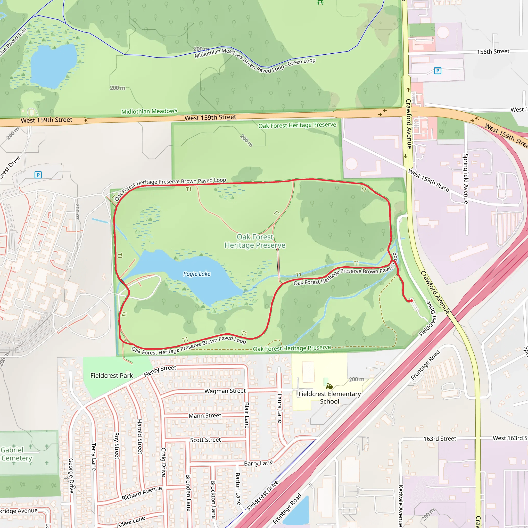 Oak Forest Heritage Preserve Brown Paved Loop mobile static map