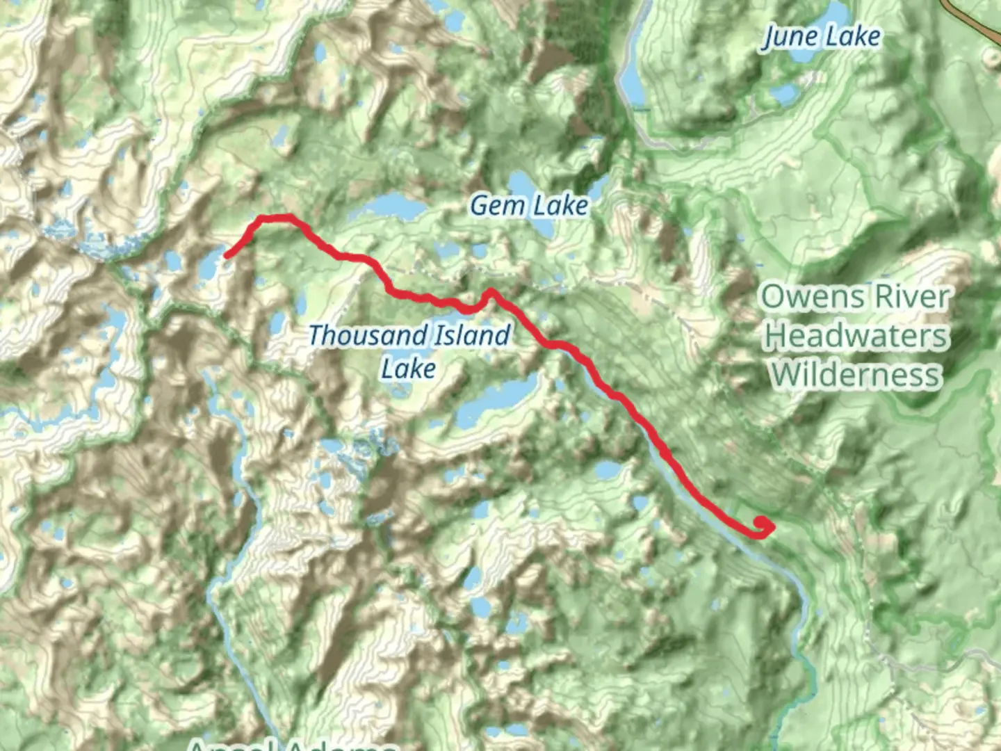 An image depicting the trail Marie Lakes, Thousand Island Lake via River Trail and its surrounding area.