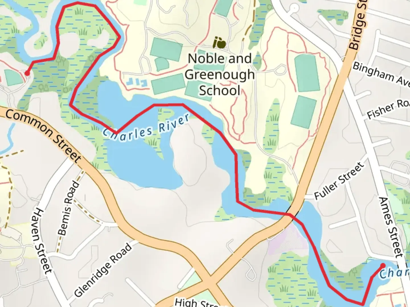 An image depicting the trail Charles River Path and its surrounding area.