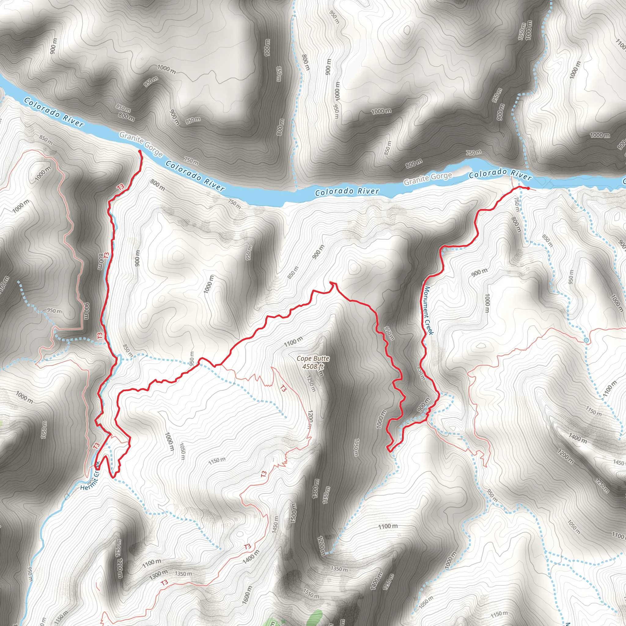 Hermit Creek Trail, West Tonto Trail and Monument Creek Trail mobile static map