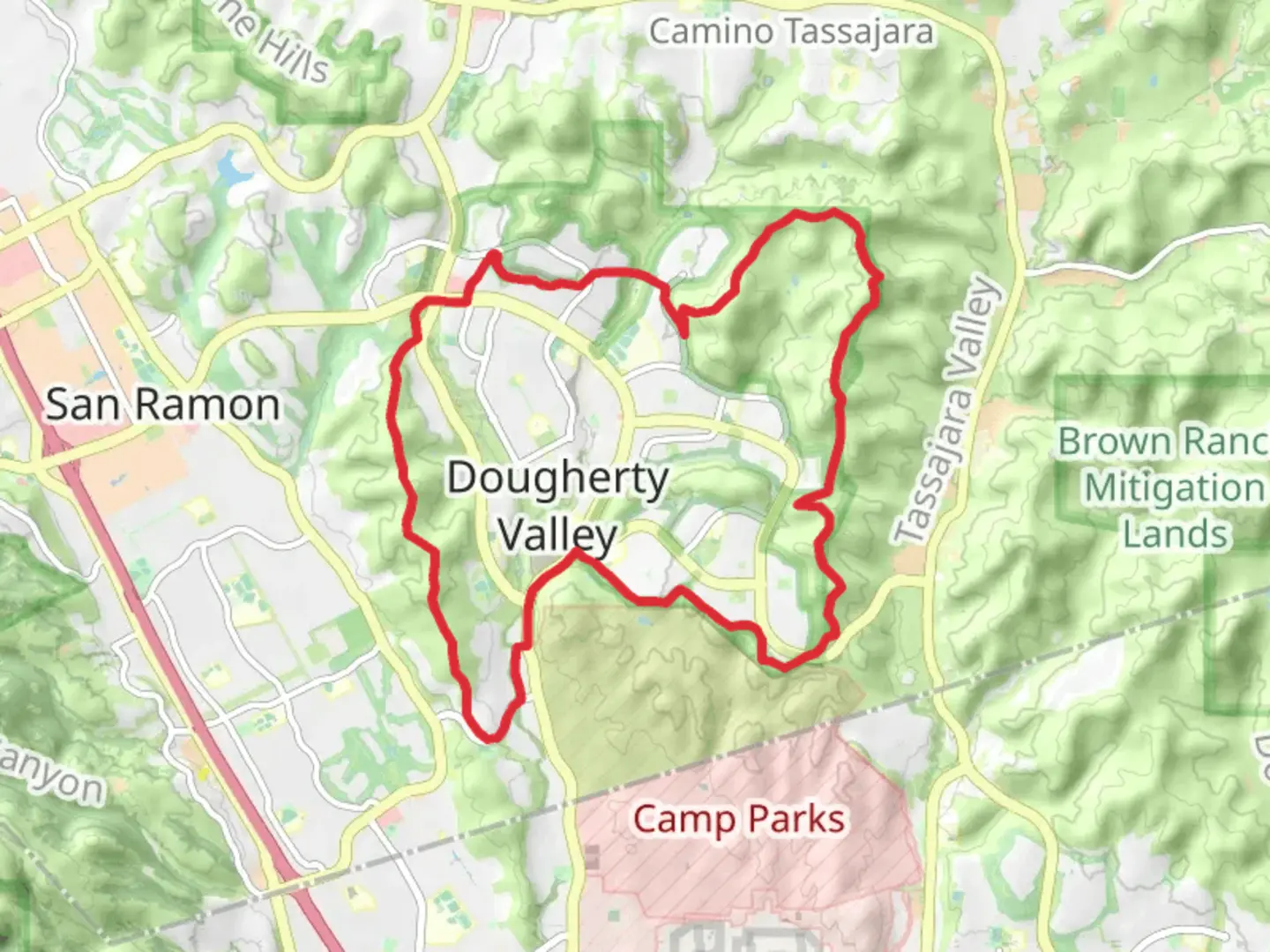 An image depicting the trail Valley View Park and Monarch Park via Tassajara Ridge Trail and its surrounding area.