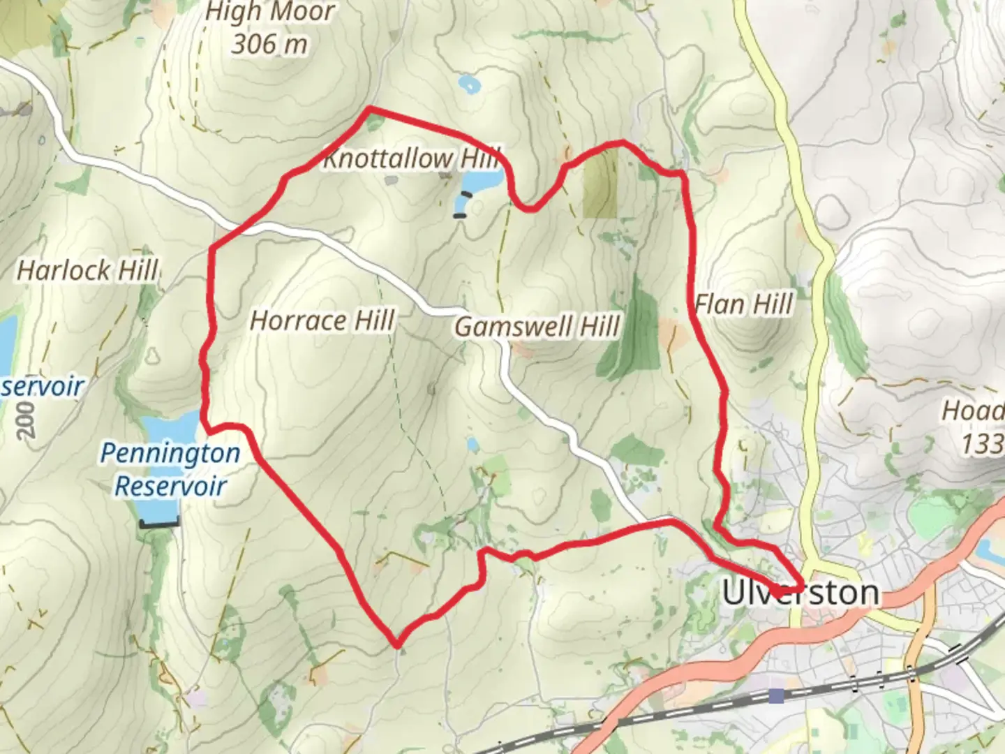 An image depicting the trail Pennington Reservoir and Knotallow Tarn Loop and its surrounding area.