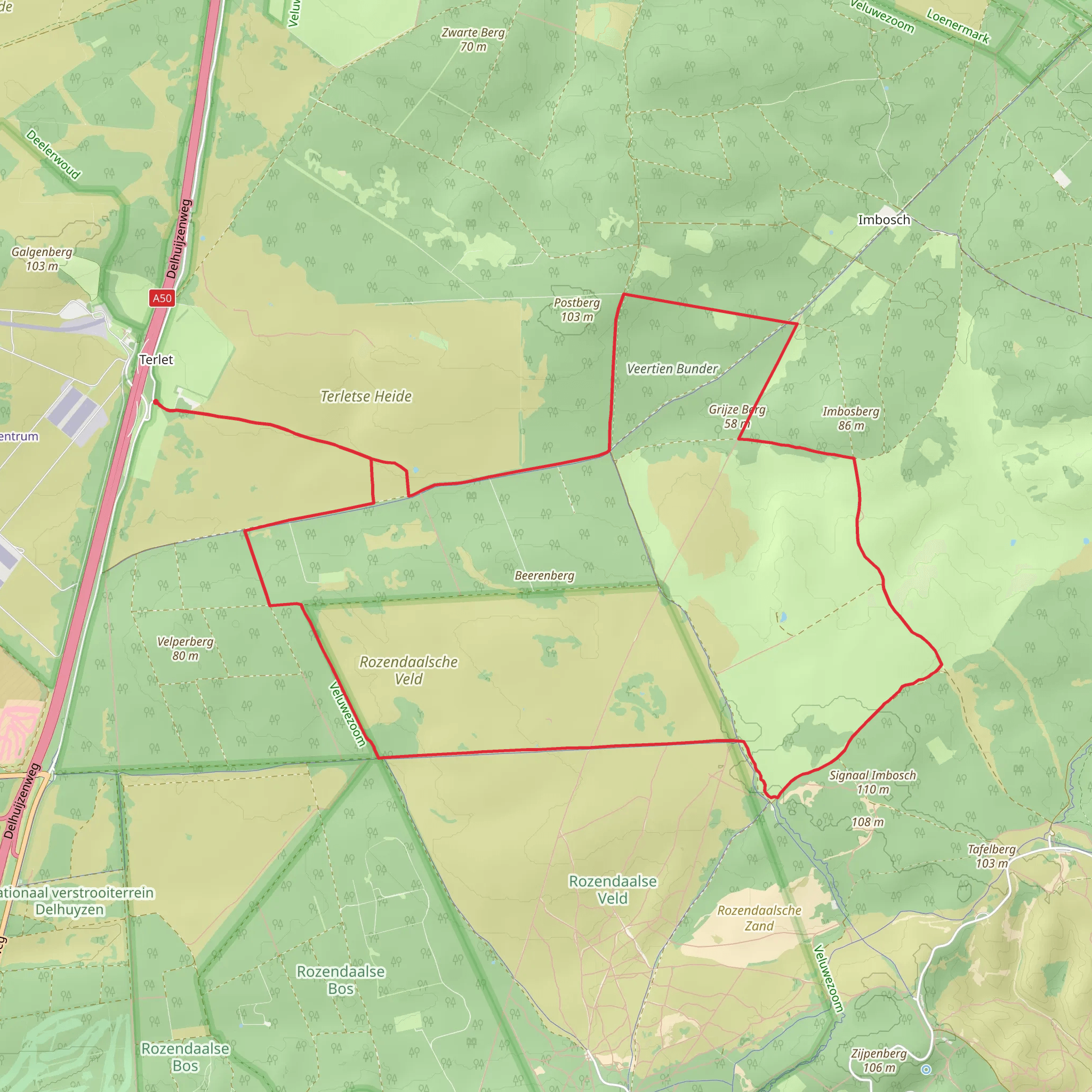 Grijze Berg, Kromme Elboog and Rozendaalsche Veld via Tunnekes Weg and Konongs Weg mobile static map