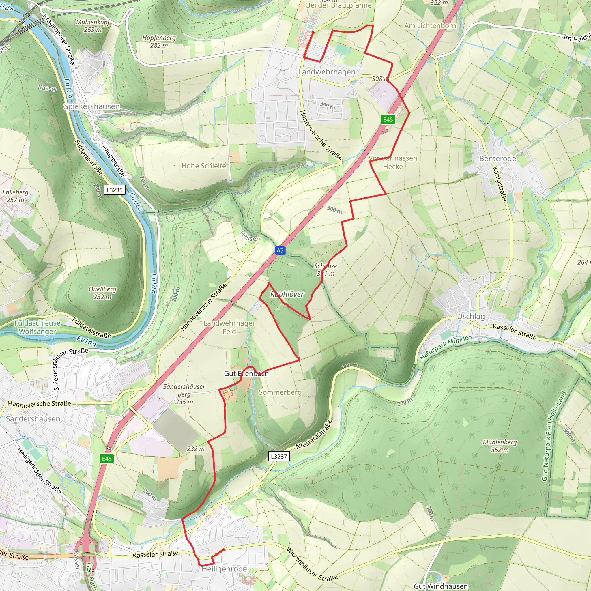 Landwehrhagen to Heiligenrode via Kasselsteig mobile static map
