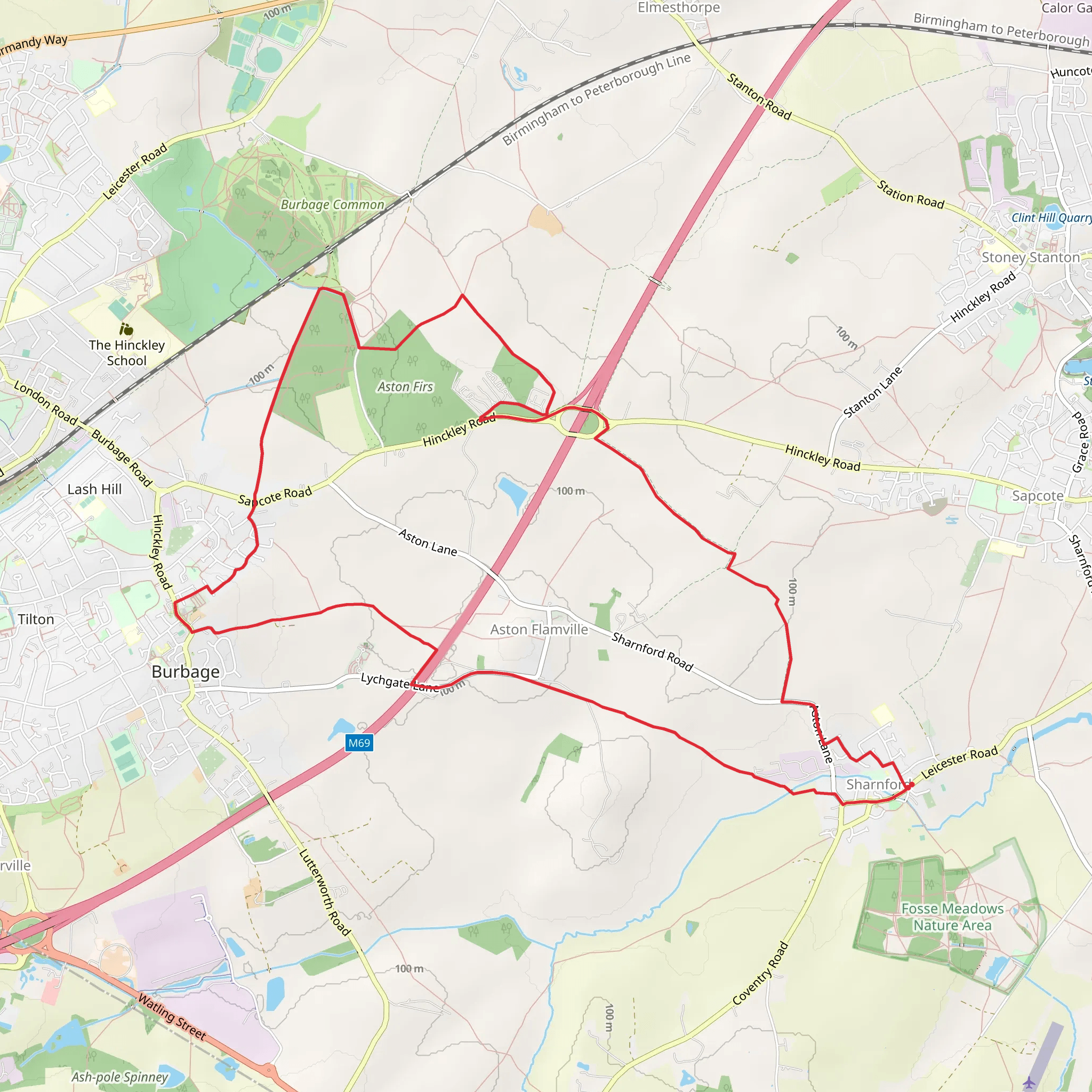 Sharnford West Loop via Burbage Wood mobile static map