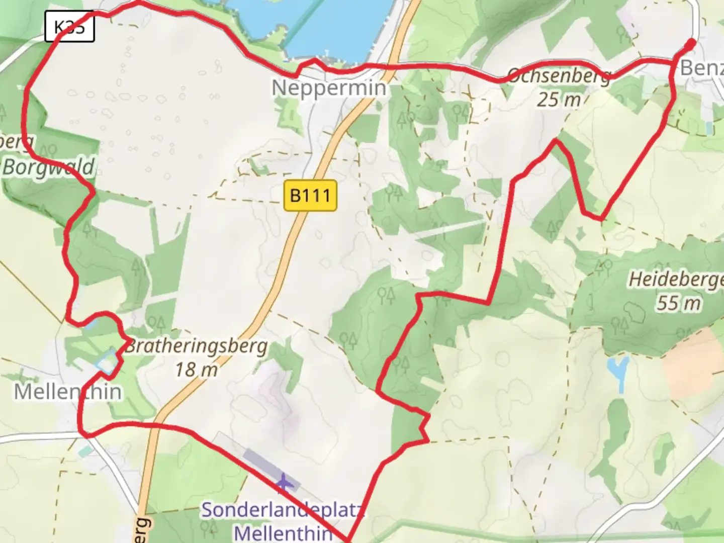 An image depicting the trail Benz and Mellenthin Loop via Balmer See and its surrounding area.