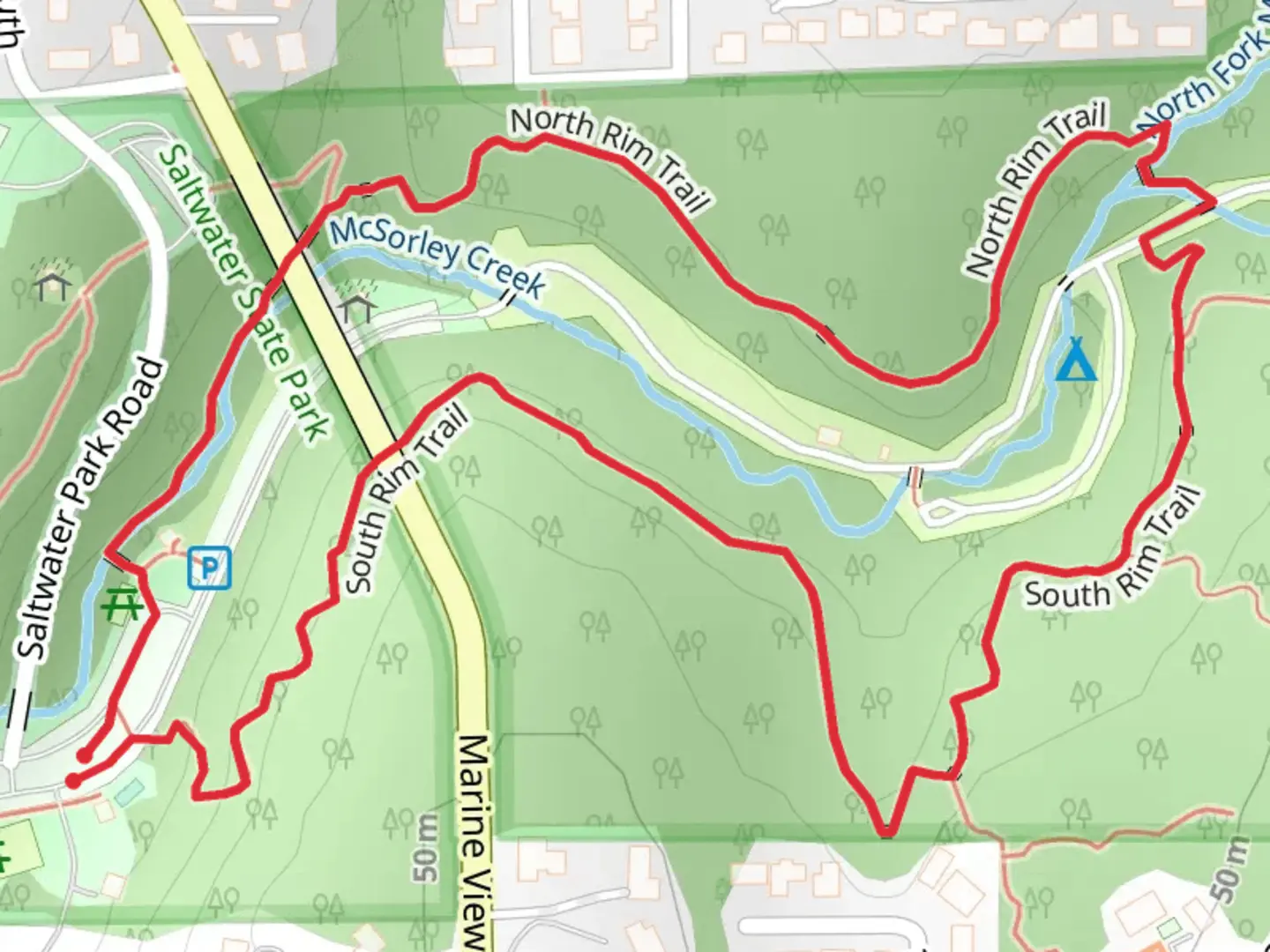 An image depicting the trail McSorley Creek Loop and its surrounding area.