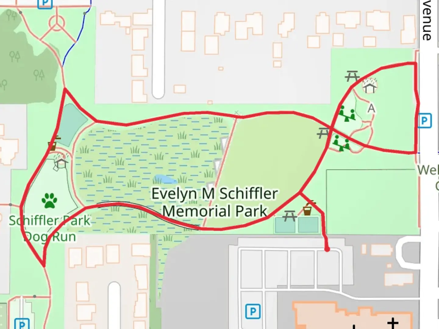 An image depicting the trail Evelyn M Schiffler Memorial Park Loop and its surrounding area.