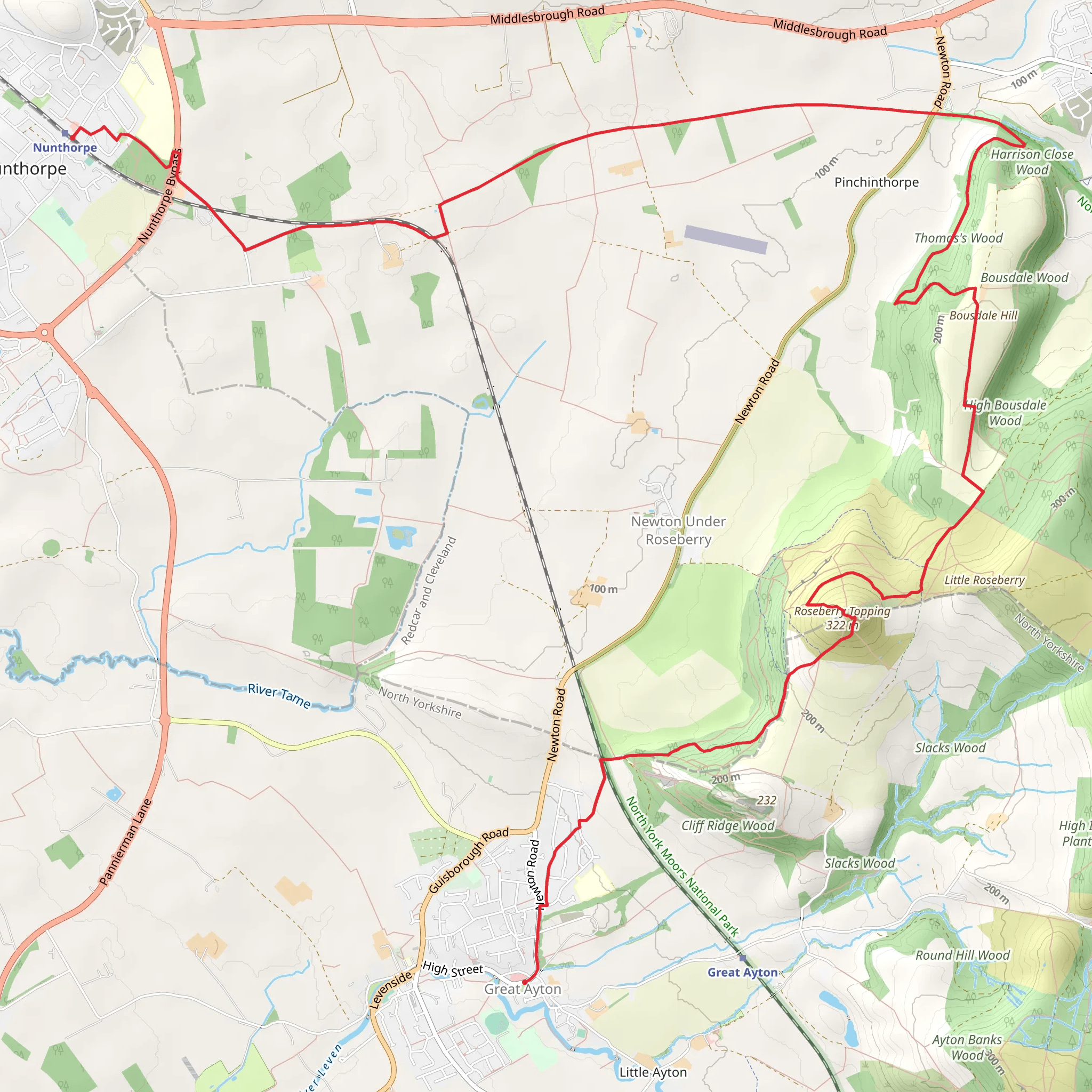 Thomas's Wood and Roseberry Topping from Nunthorpe to Great Ayton mobile static map