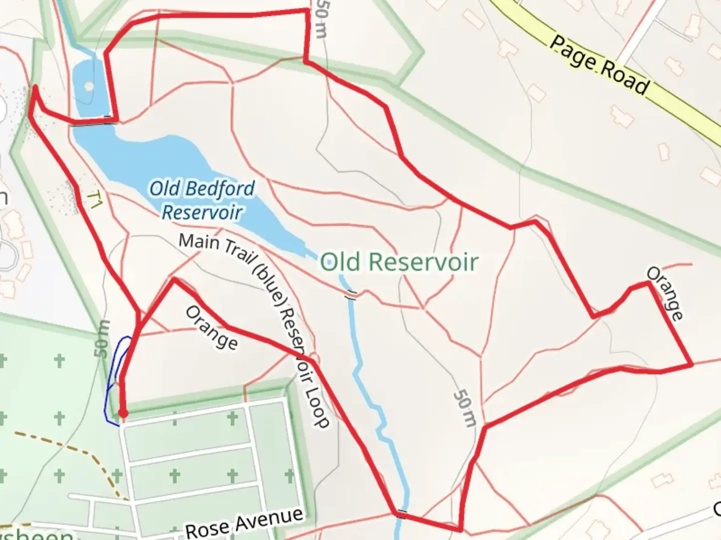 An image depicting the trail Old Bedford Reservoir Loop and its surrounding area.