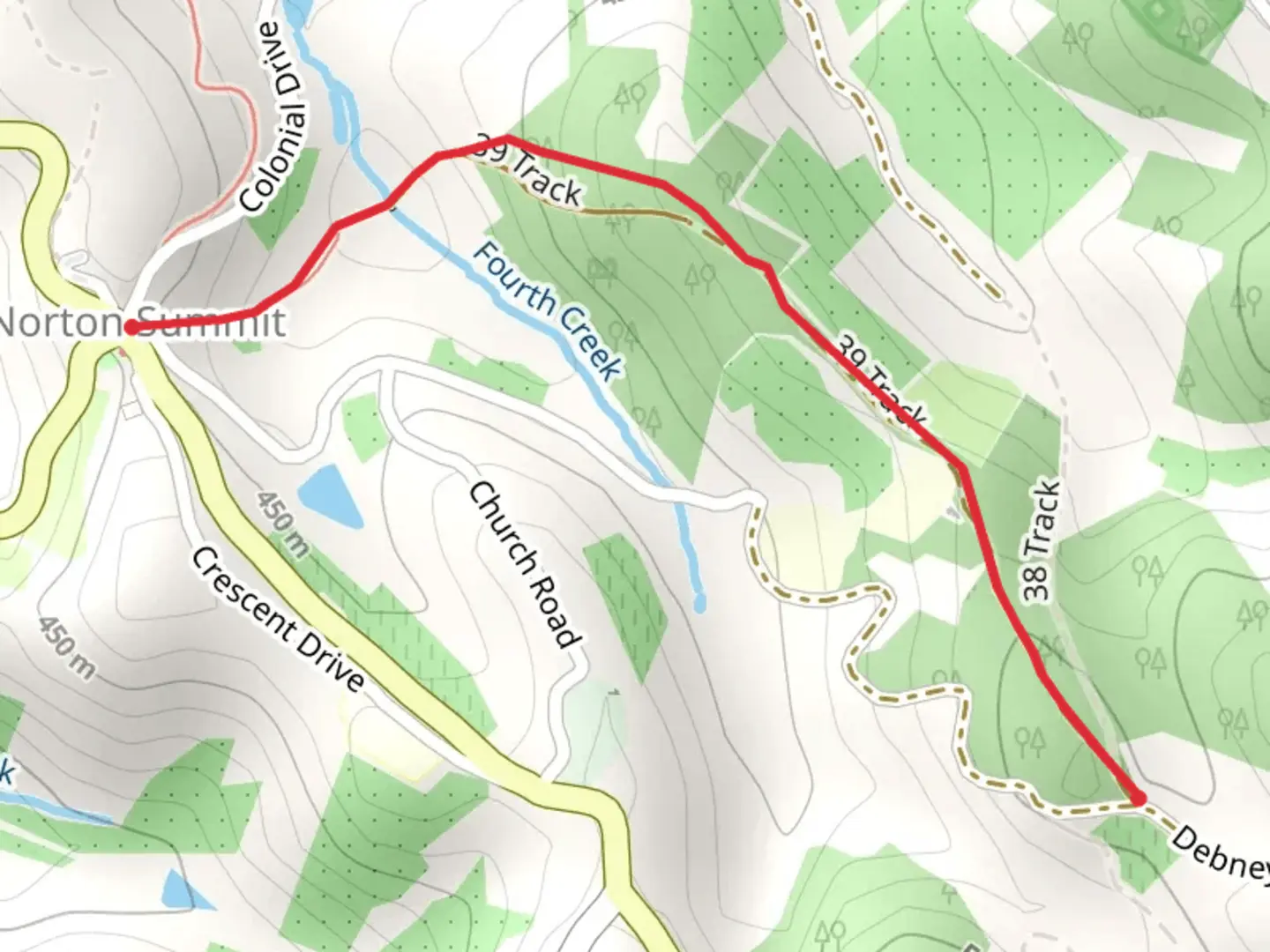 An image depicting the trail Monument Road and Return Walk and its surrounding area.