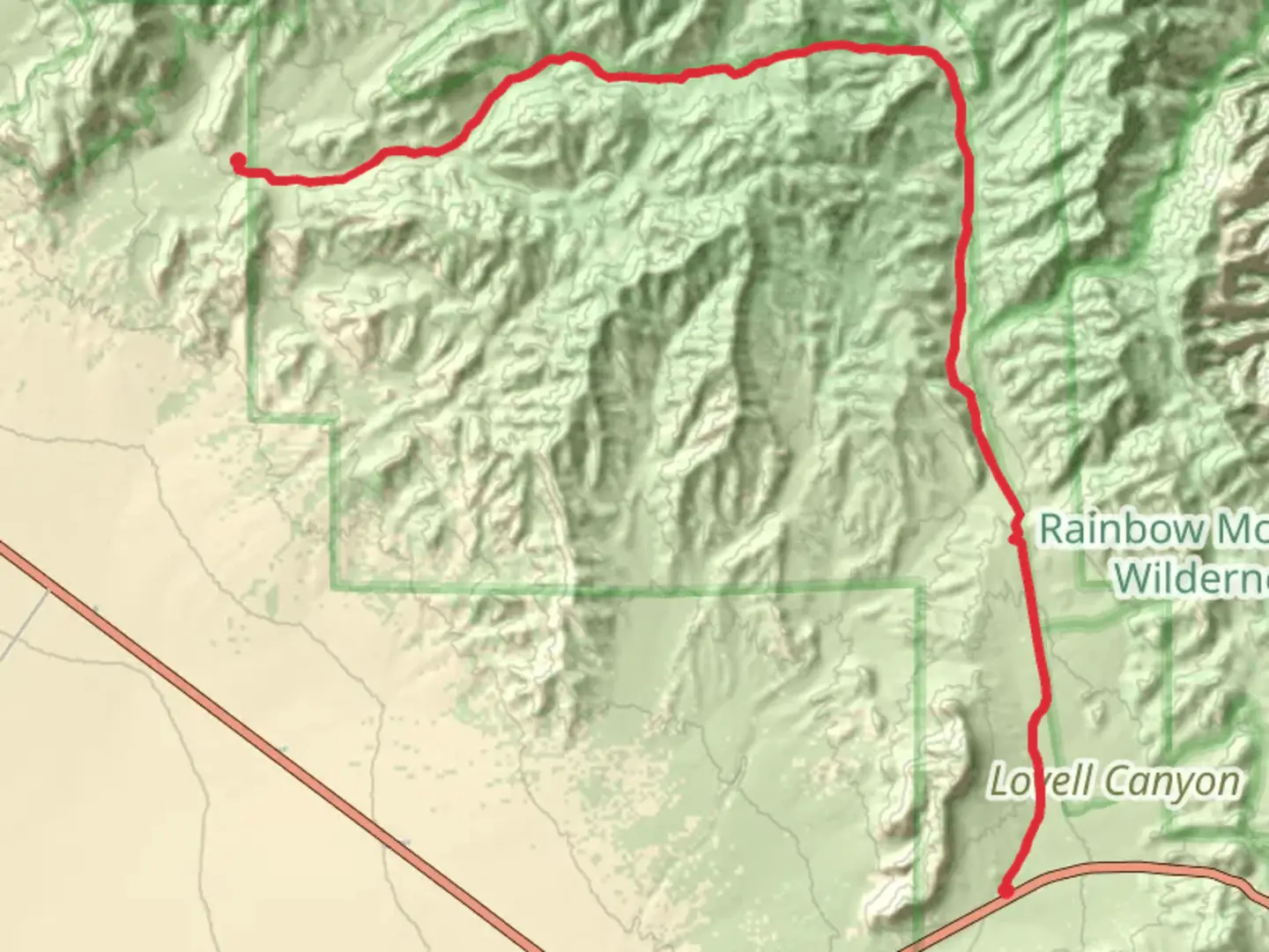 An image depicting the trail Lovell Canyon Road and Lovell Summit Road and its surrounding area.