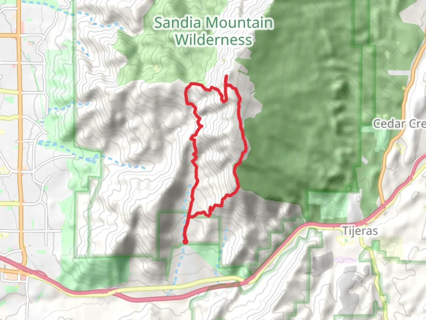 An image depicting the trail South Sandia Peak via Hawk Watch Trail and Three Gun Spring Trail and its surrounding area.
