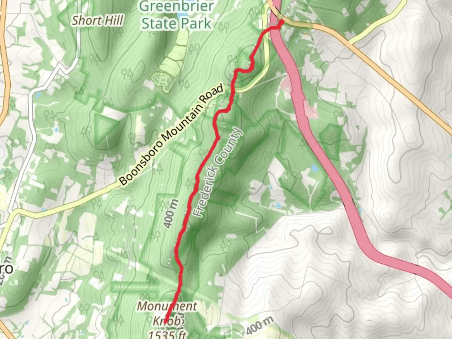 An image depicting the trail Monument Knob via Appalachian National Scenic Trail and its surrounding area.