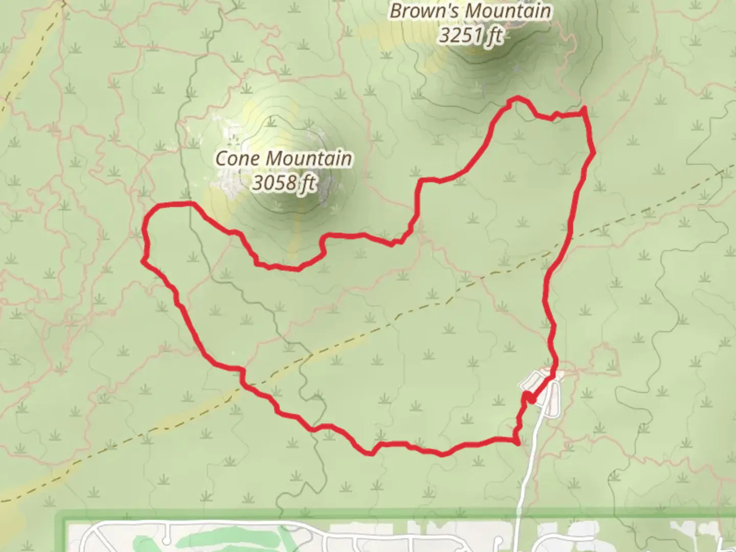 An image depicting the trail Brown's Ranch Road -Easy, Cone Mountain Trail and Hackamore Trail Loop and its surrounding area.