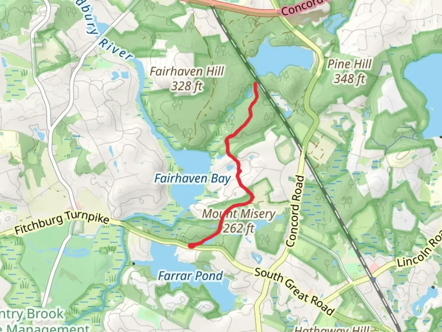 An image depicting the trail Mount Misery and Walden pond from South Great Road and its surrounding area.