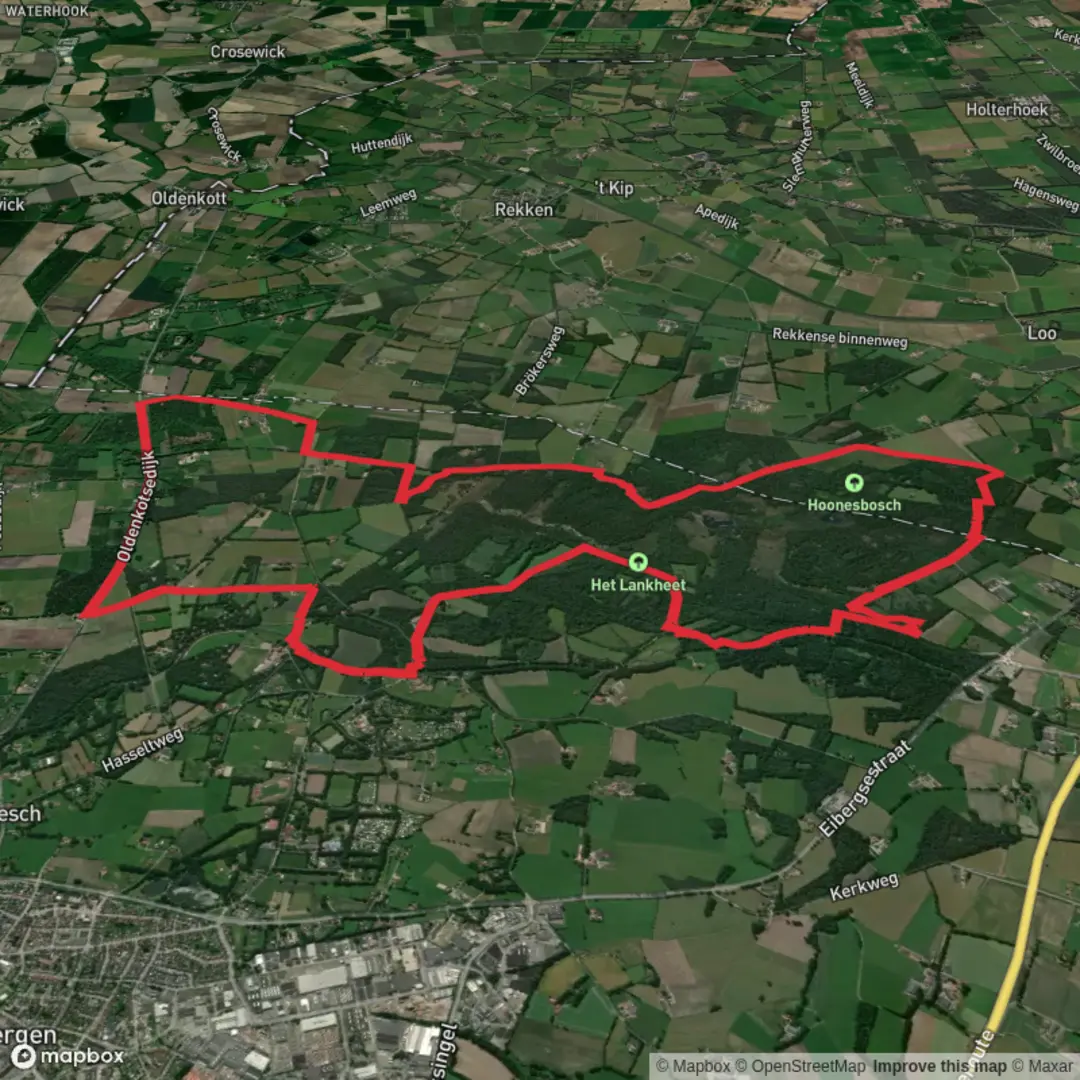An image depicting the trail Oostendorper Weg, Veenriet Weg and Hoones Weg Loop and its surrounding area.