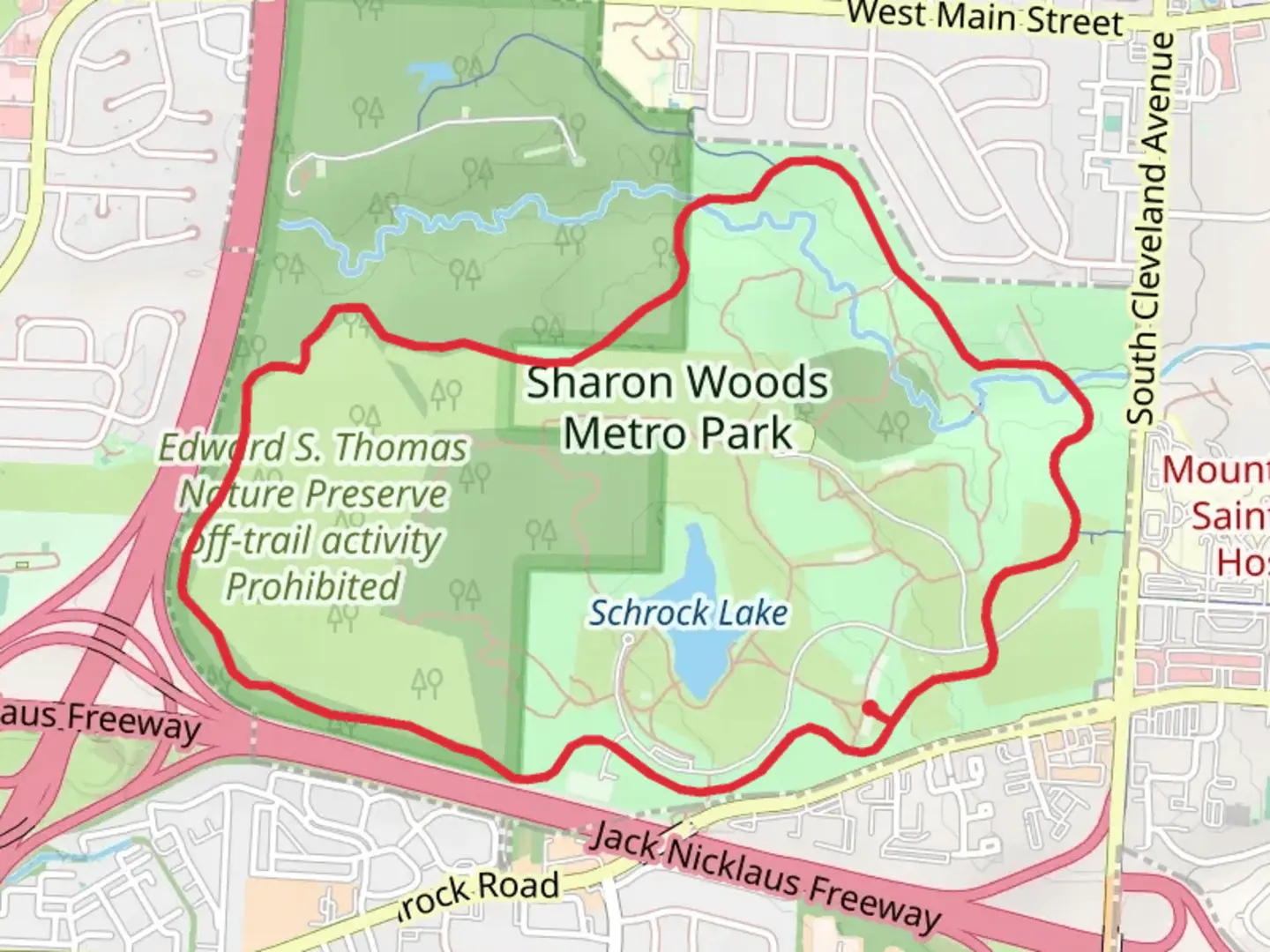 An image depicting the trail Sharon Woods Metro Park Loop and its surrounding area.
