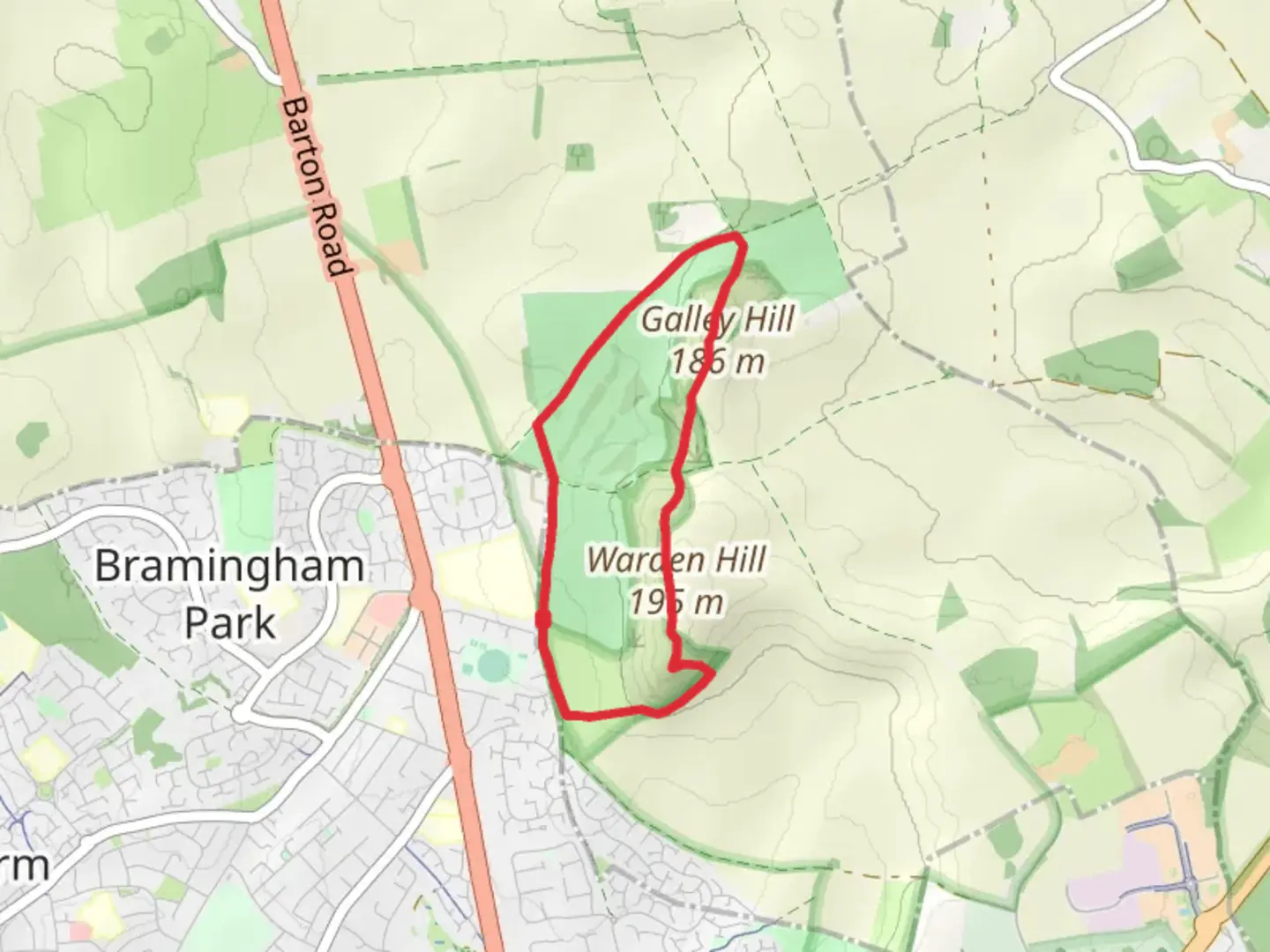 An image depicting the trail Galley Hills Course and Galley and Warden Hills and its surrounding area.