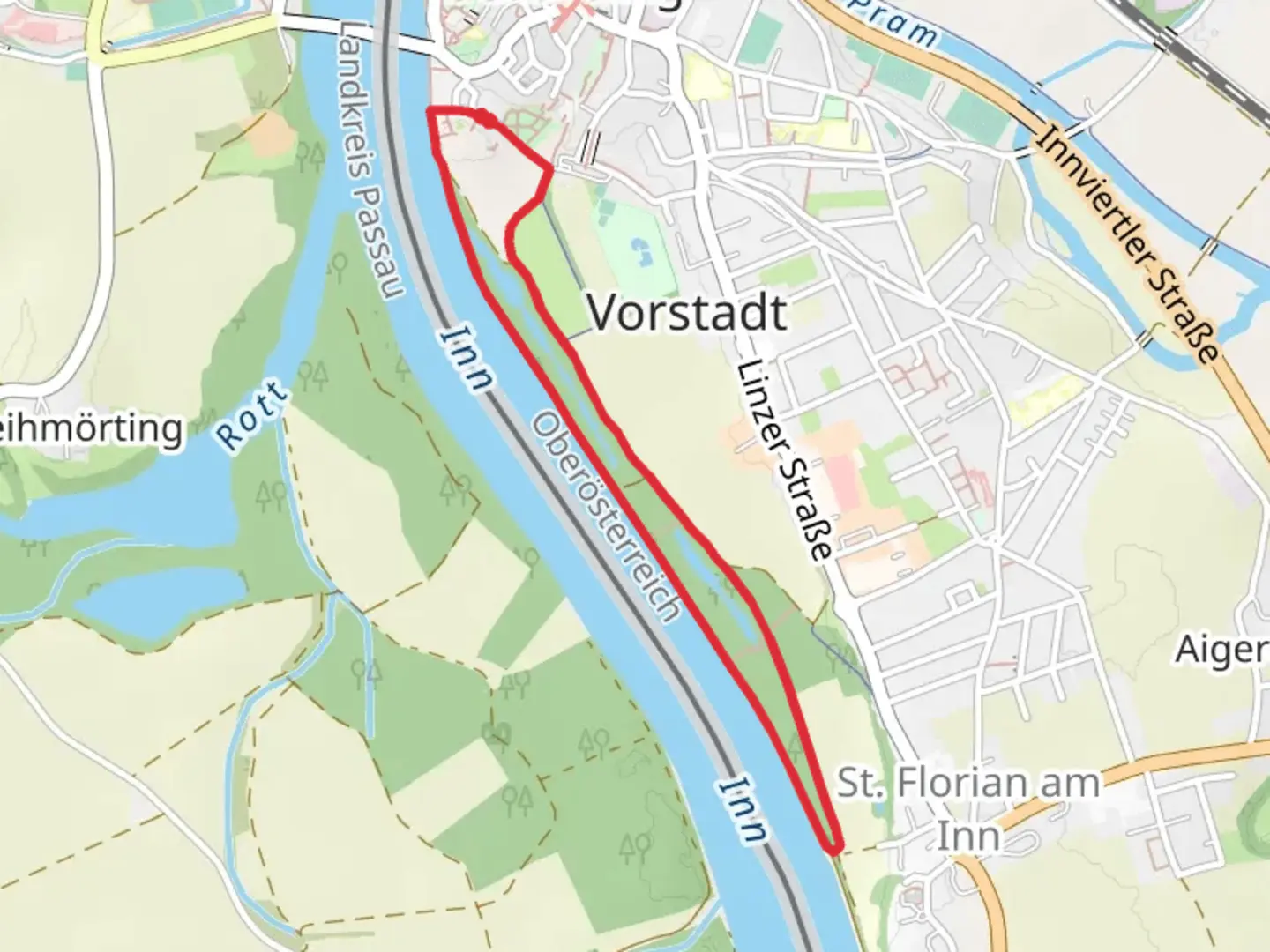 An image depicting the trail Schärdinger Innauen Loop and its surrounding area.