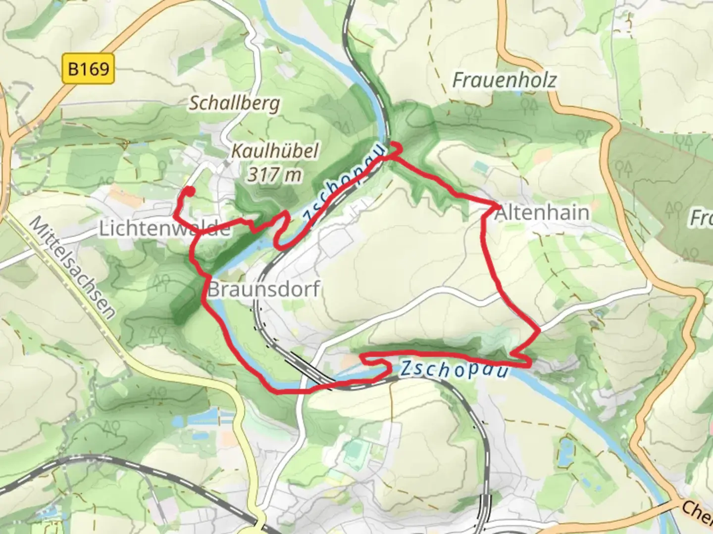 An image depicting the trail Zschopau and Harrasfelsen Loop via Harrasfelsen Finkenmuehle and its surrounding area.