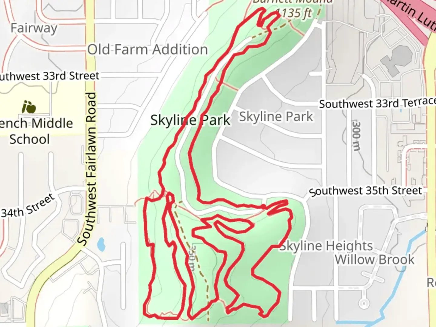 An image depicting the trail Burnett Mound and Skyline Park Loop and its surrounding area.