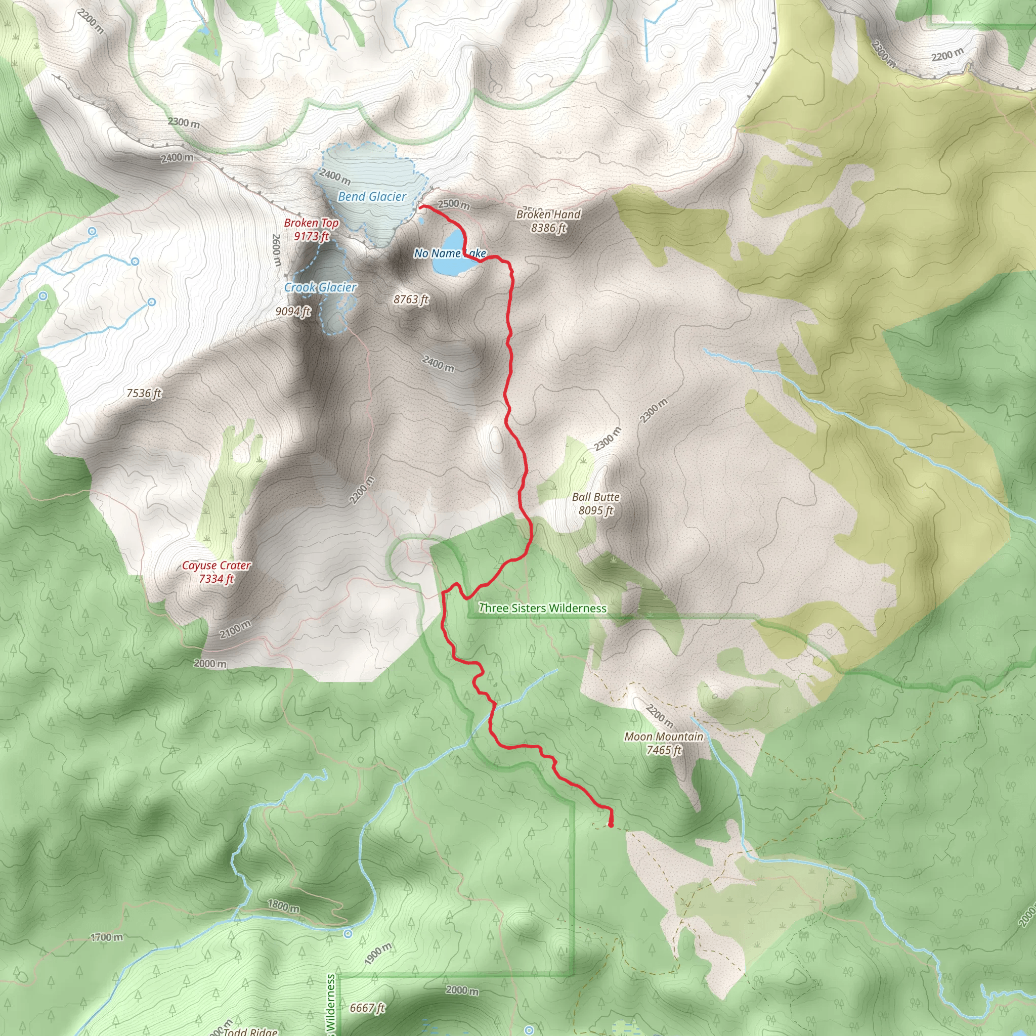 No Name Lake and Crater Creek Ditch via Broken Top Trail mobile static map