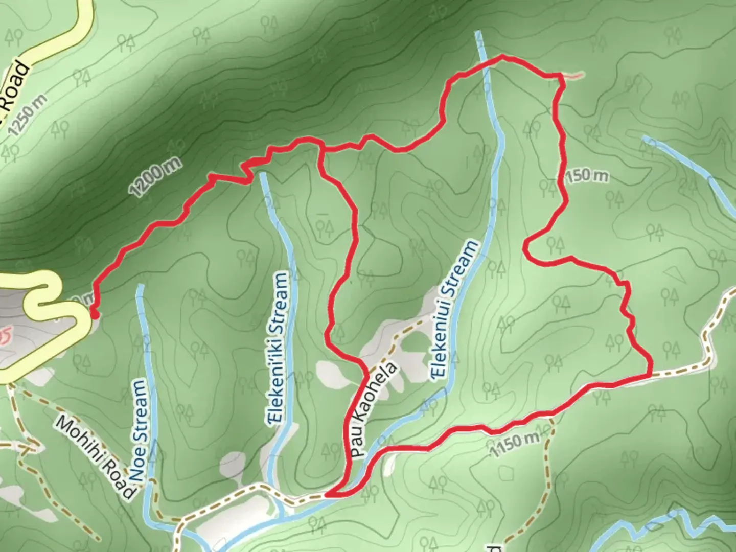 An image depicting the trail Elekeniui Stream Loop and its surrounding area.