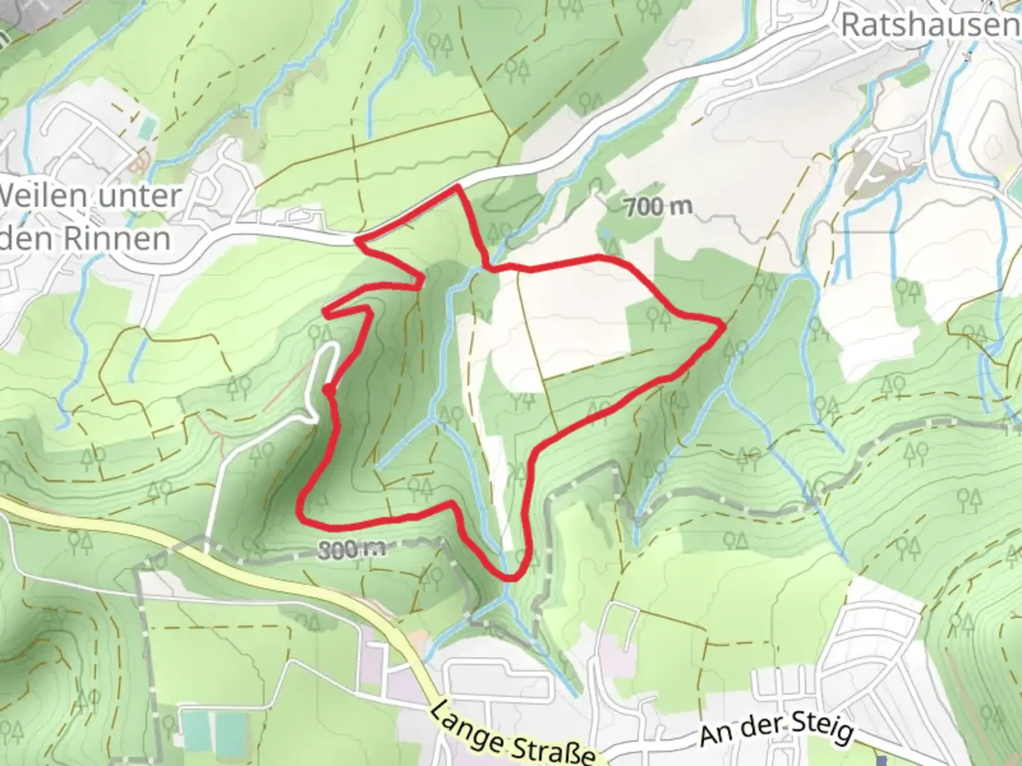 An image depicting the trail Weilen unter den Rinnen Loop and its surrounding area.