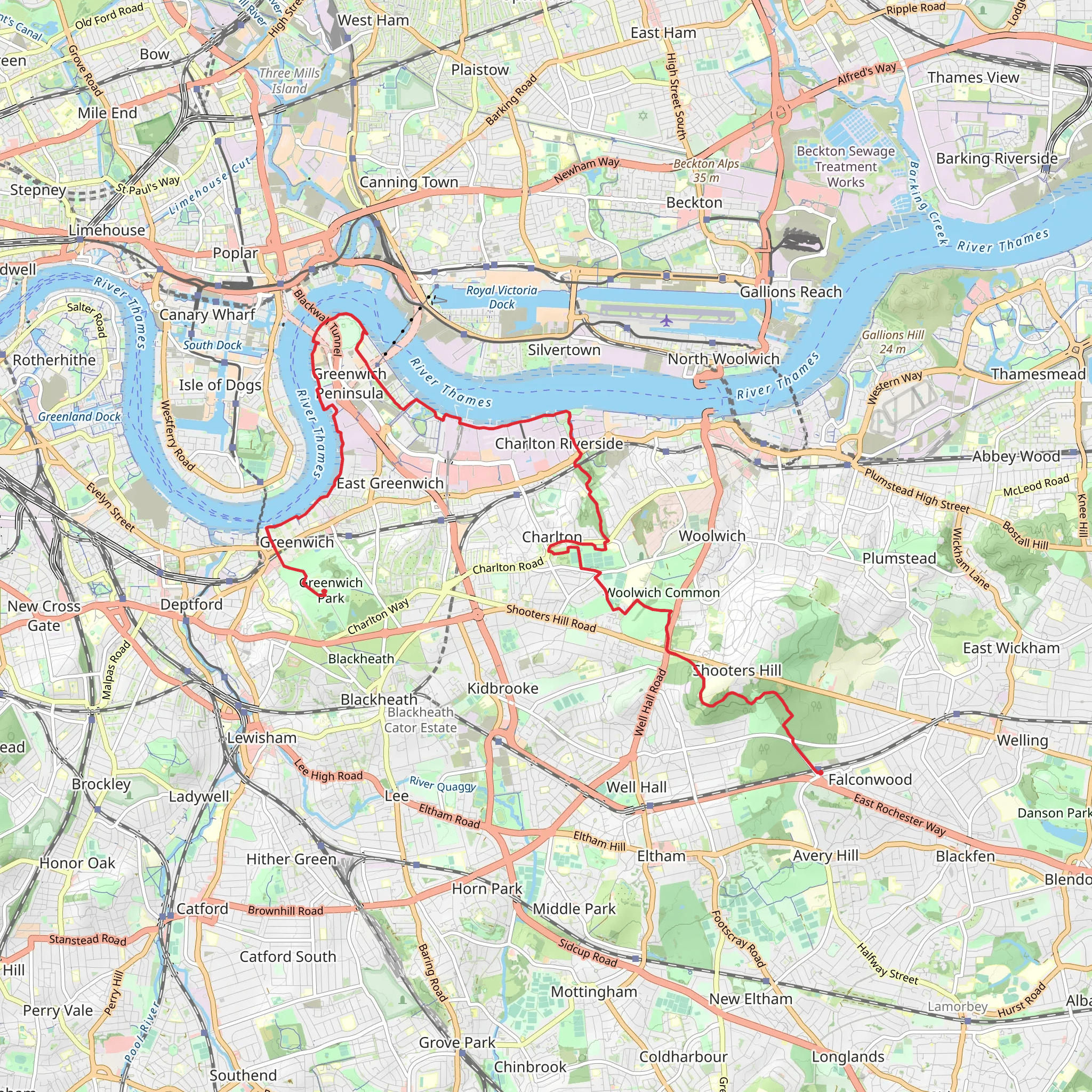 Falconwood to Greenwich Park Walk mobile static map